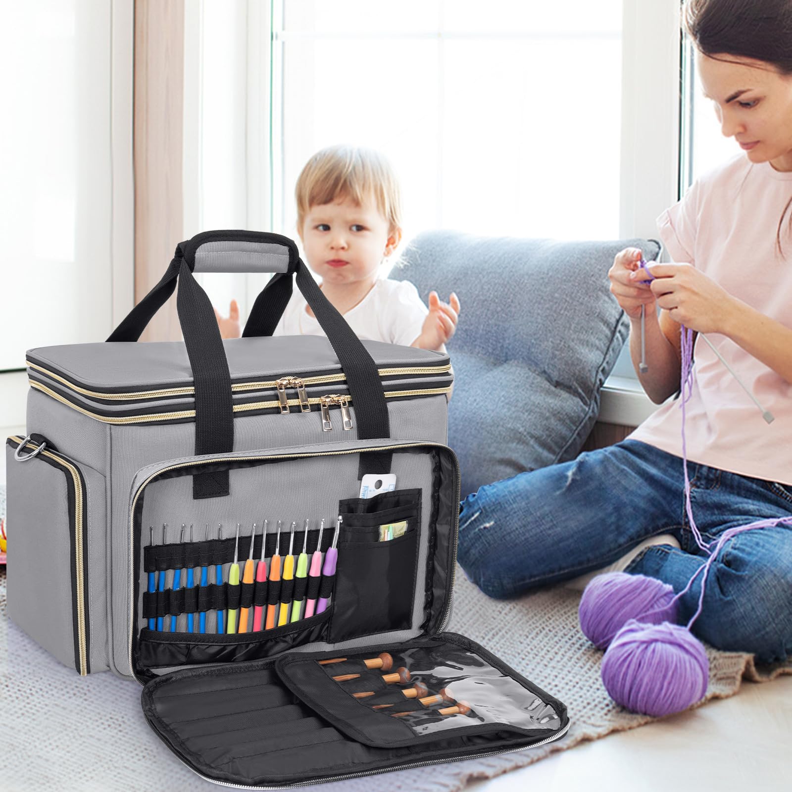 Stricktasche Garnaufbewahrungstasche, große Häkel-Organizer-Tasche, Garnhalter für Stricknadeln, Strickprojekt-Tasche mit Inneneinteilung für Häkelnadeln, Strickzubehör, Grau