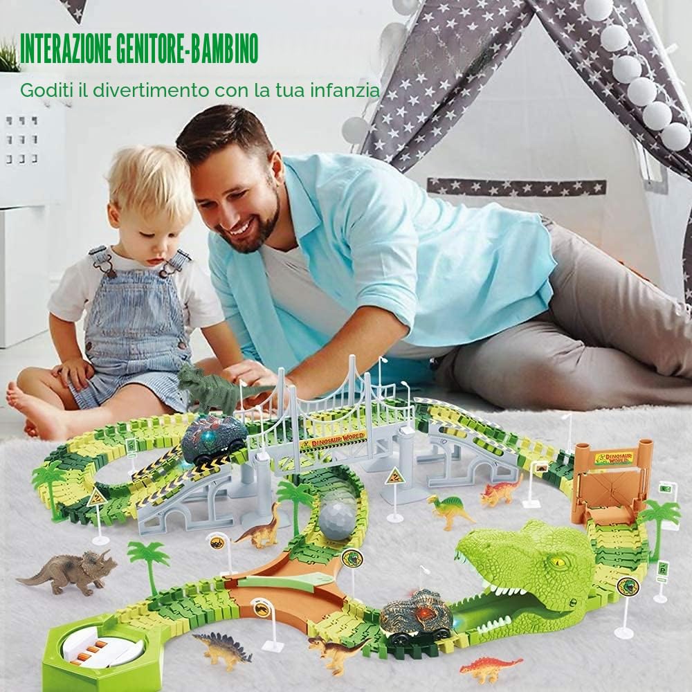 Mini Tudou Dinosauro Pista da Corsa 174 PCS Figure di Dinosauri Auto | Binari del Treno Flessibili con 8 Figure di Dinosauri, 2 auto Elettriche, con Luci, regali per bambini piccoli