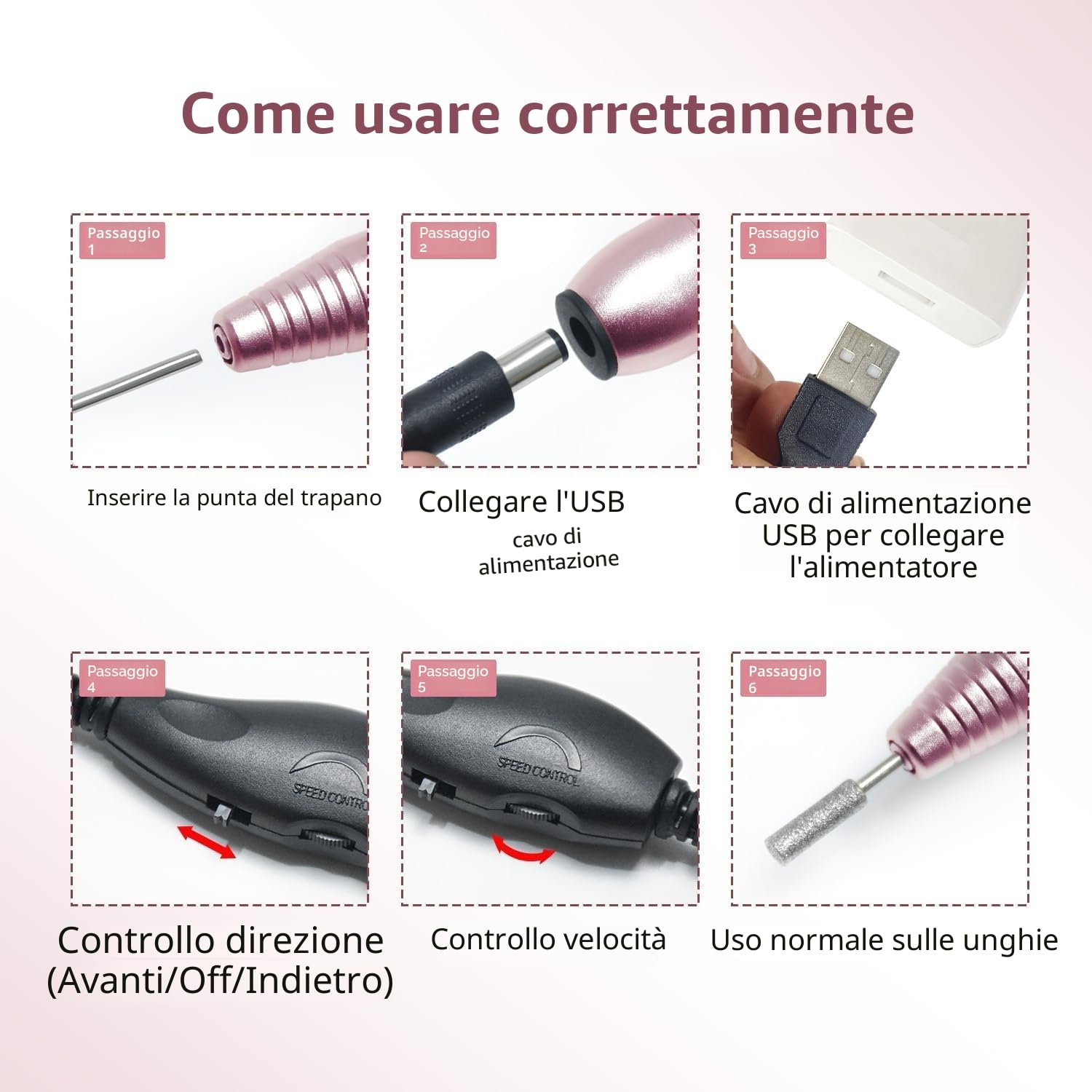 JODSONE Fresa per Unghie, 20000RPM Lima Elettrica per Unghie 6 in 1, Fresa per Unghie Professionale Portatile e silenzioso con 6 punte di ricambio per uso domestico e in salone