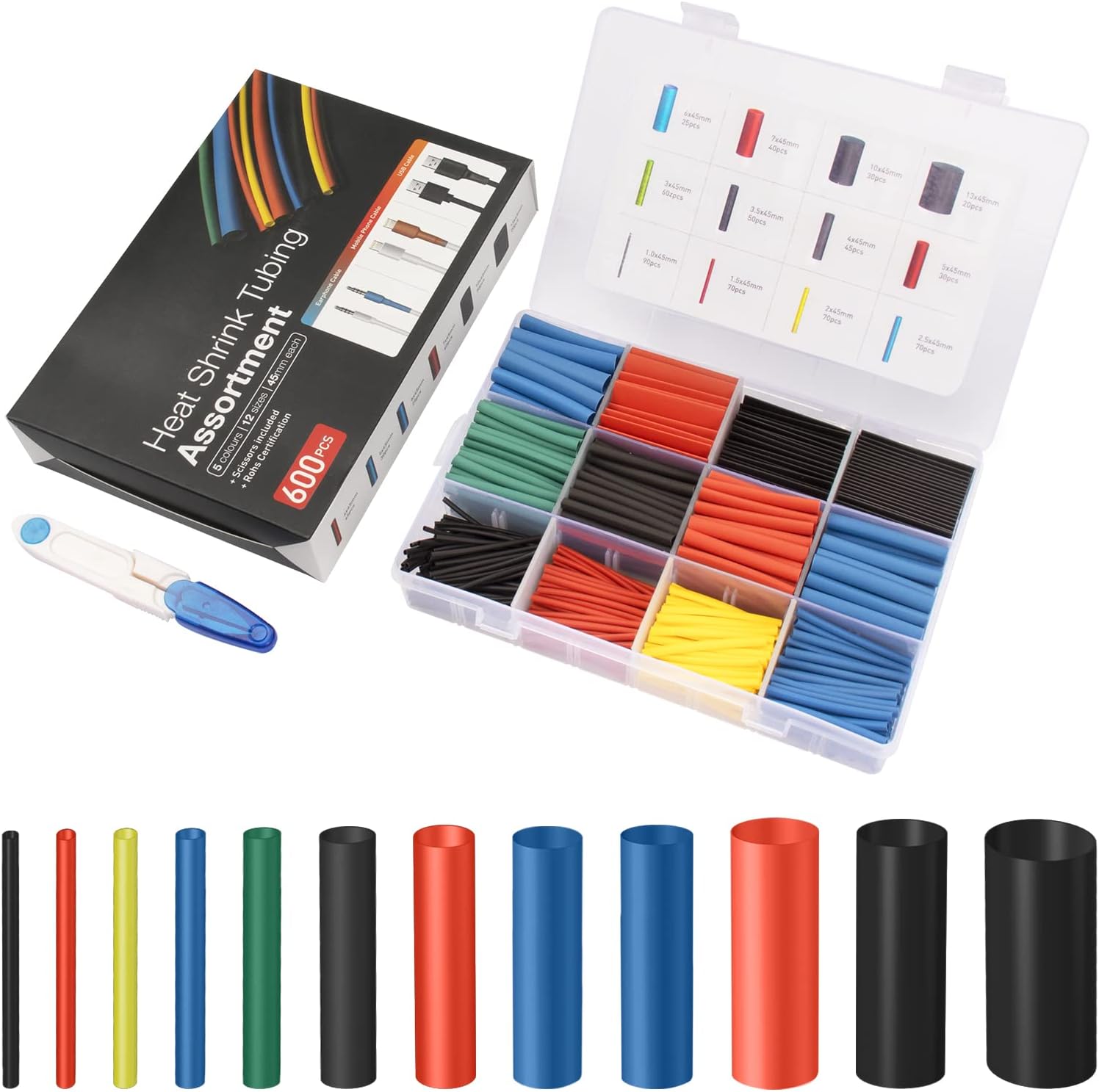 Heat Shrink Tubing Electric Insulation Tube Heat Shrink Wrap Cable Sleeve 600 pcs 5 Colors&12 Sizes PE Box and Scissors provided