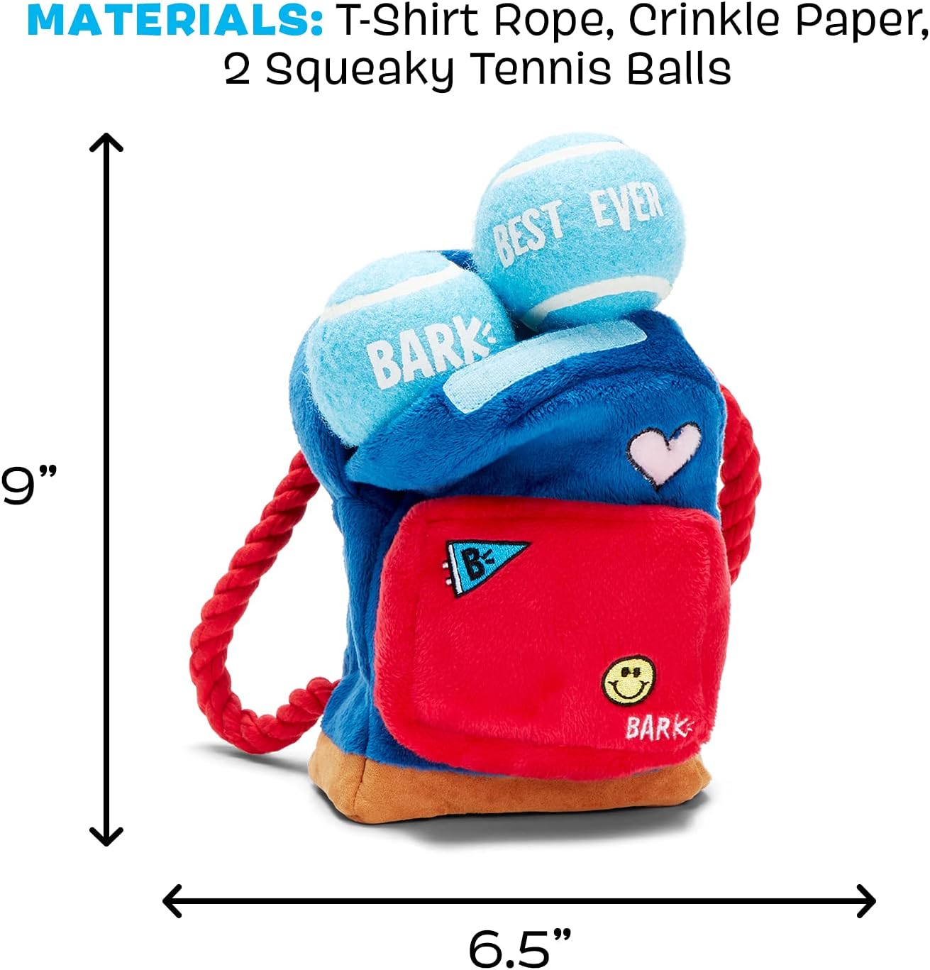 Barkbox Squeaker Ball Toys, Interactive Tennis Balls for Fetch, Training and Exercise, Engaging Plush Toys for Small, Medium, & Large Dogs (Janspup Backpack (2-in-1 Toy), Small Dog)