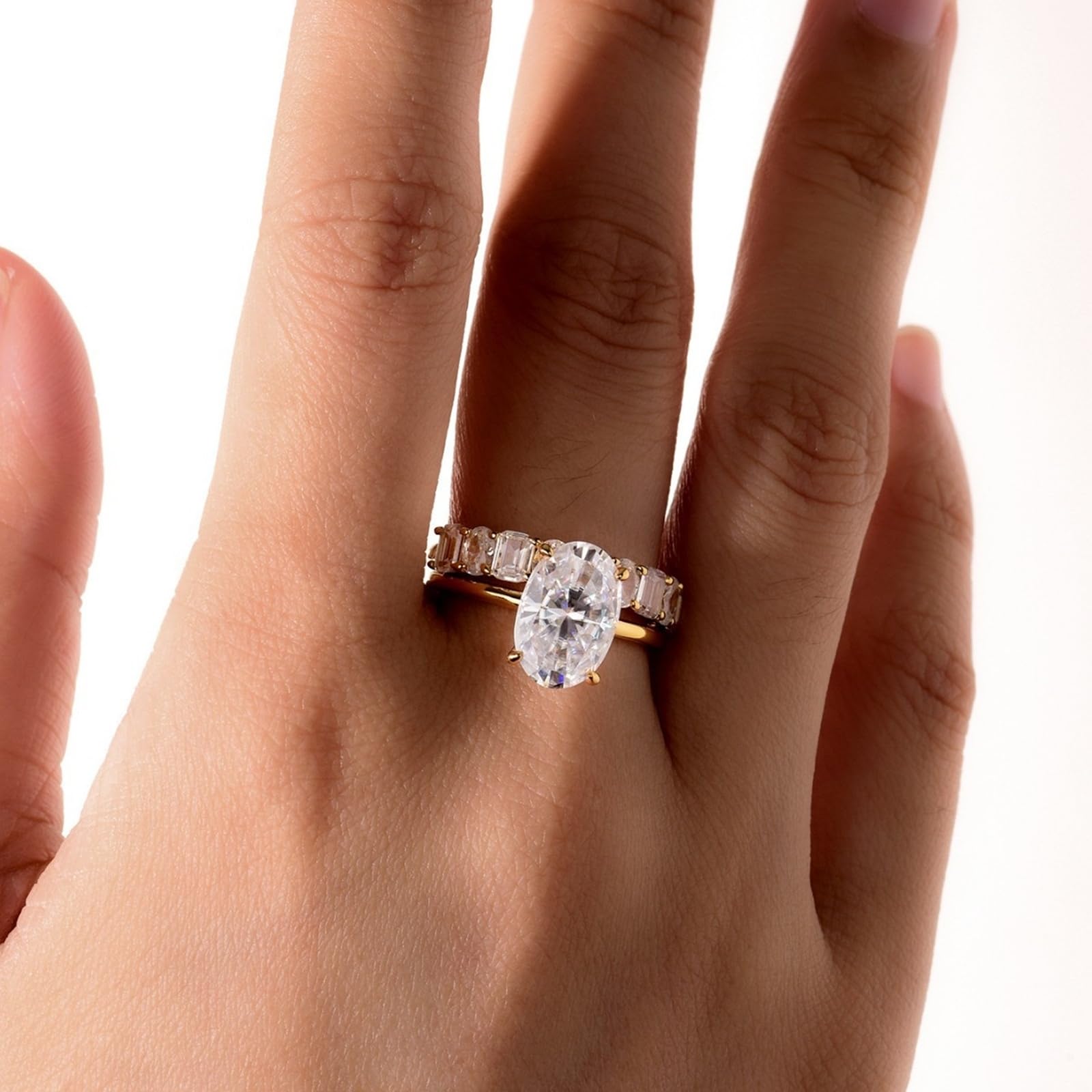 Pierścionek zaręczynowy, złoty moissanite, pierścionek damski, białe złoto, 2 sztuki, z moissanitem 4,5 ct, możliwość układania w stos, prawdziwe złoto