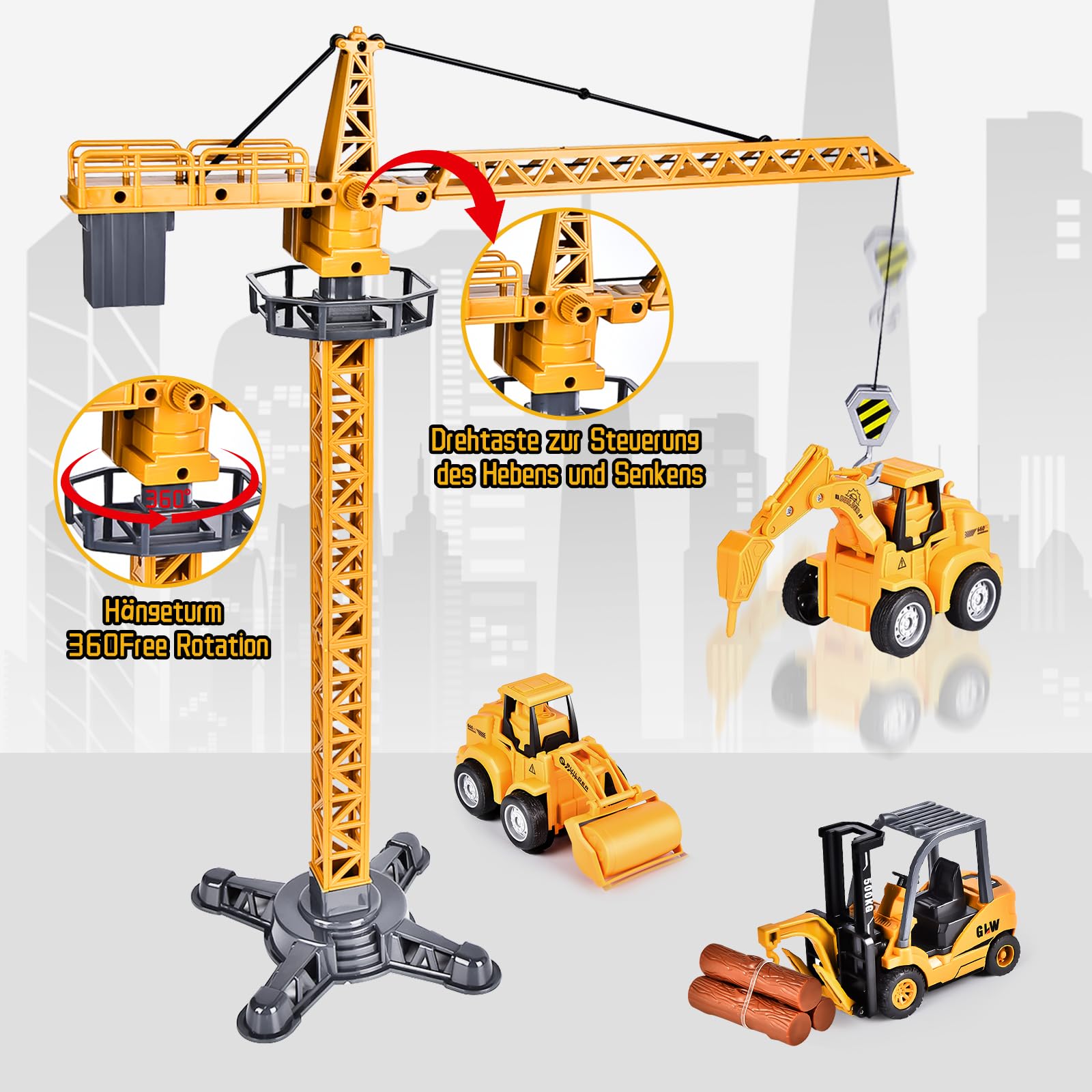 Herefun Baufahrzeug LKW Spielzeug Set, Baustellenfahrzeuge Kinder Set, Groß Kräne, Baufahrzeuge Kinder, Autotransporter Spielzeug Junge, Spielzeugautos ab 3 Jahre, Geschenke für Junge ab 3 Jahren