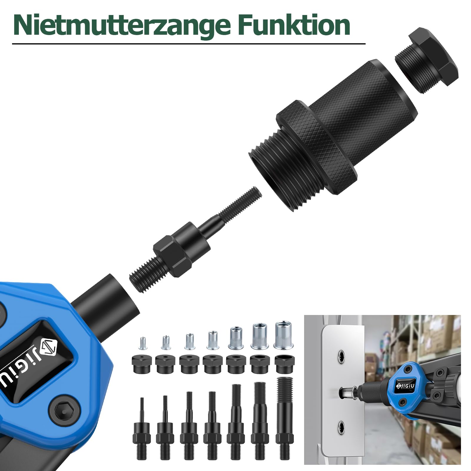 JiGiU Nietzange Set, 2 In 1 Nietmutternzange Blindnietzange mit 7 Art Metrische Dorne M3-M12 und 5 Nietköpfen 3.2-6.4mm, inkl. 110pcs Nietmuttern & 50pcs Blindnieten Nietmutterwerkzeug Satz (Blau)