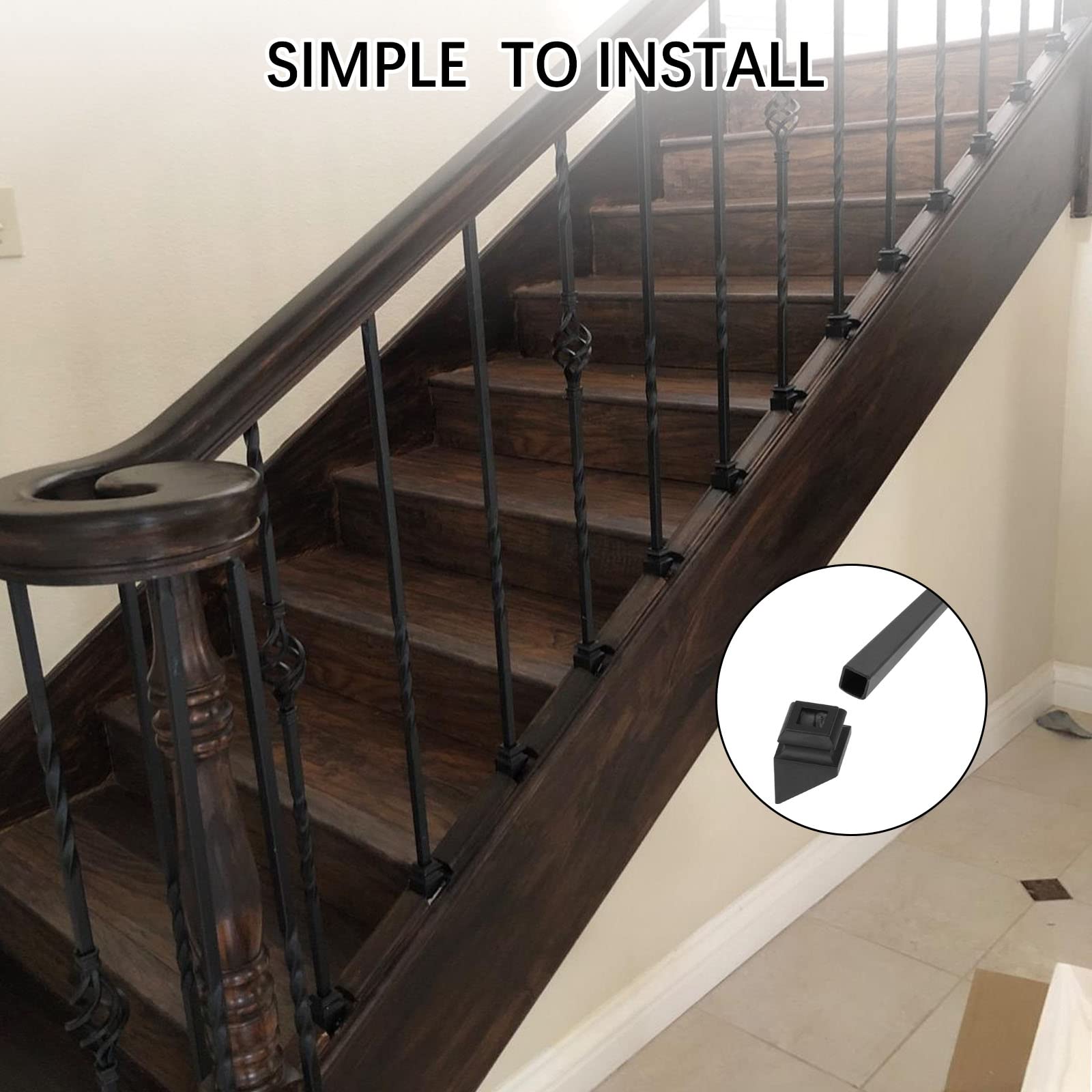 Sidasu Wrought Iron Balusters Stair Spindles Set of 10 Hollow Single Basket Black Iron Spindles Double Twist 1/2" Square Metal Balusters with Iron Baluster Swivel Shoes 180 Degree Adjustable Direction