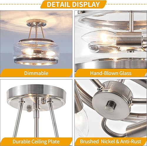 Miniatura 5 de Lámpara de techo moderna de cristal de níquel cepillado, lámpara de techo semiempotrada de 3 lámparas, lámpara de techo para pasillo, dormitorio,