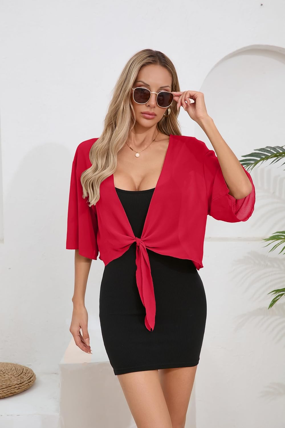 TASAMO Women's 2026 Summer Lightweight Short Bolero Cardigan Shrug Sheer Tie Front Top 3/4 Sleeve Jacket for Dress - Image 7