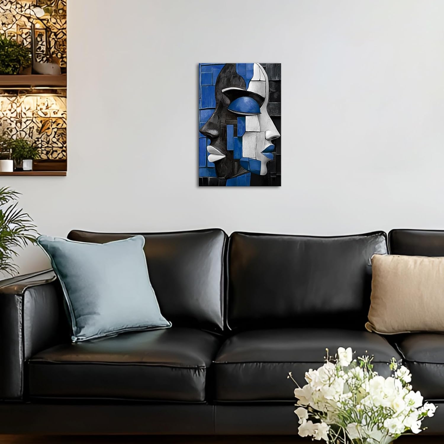 LyerArtork African American Canvas Wall Art 16x24 inch Navy Blue White Modern Abstract Portrait Face Picture Prints Neutral Artwork Wall Decor for Living Room Bedroom Office