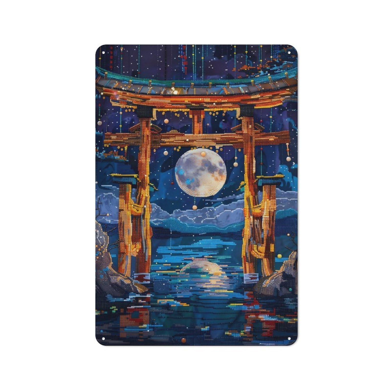 Junmoney Full Moon Torii Abstract Rustic Tin Wall Plaque 30X20cm For Home Bar Wall, For Vintage Wall Decor Fans, For Living Room And Hallway Decor