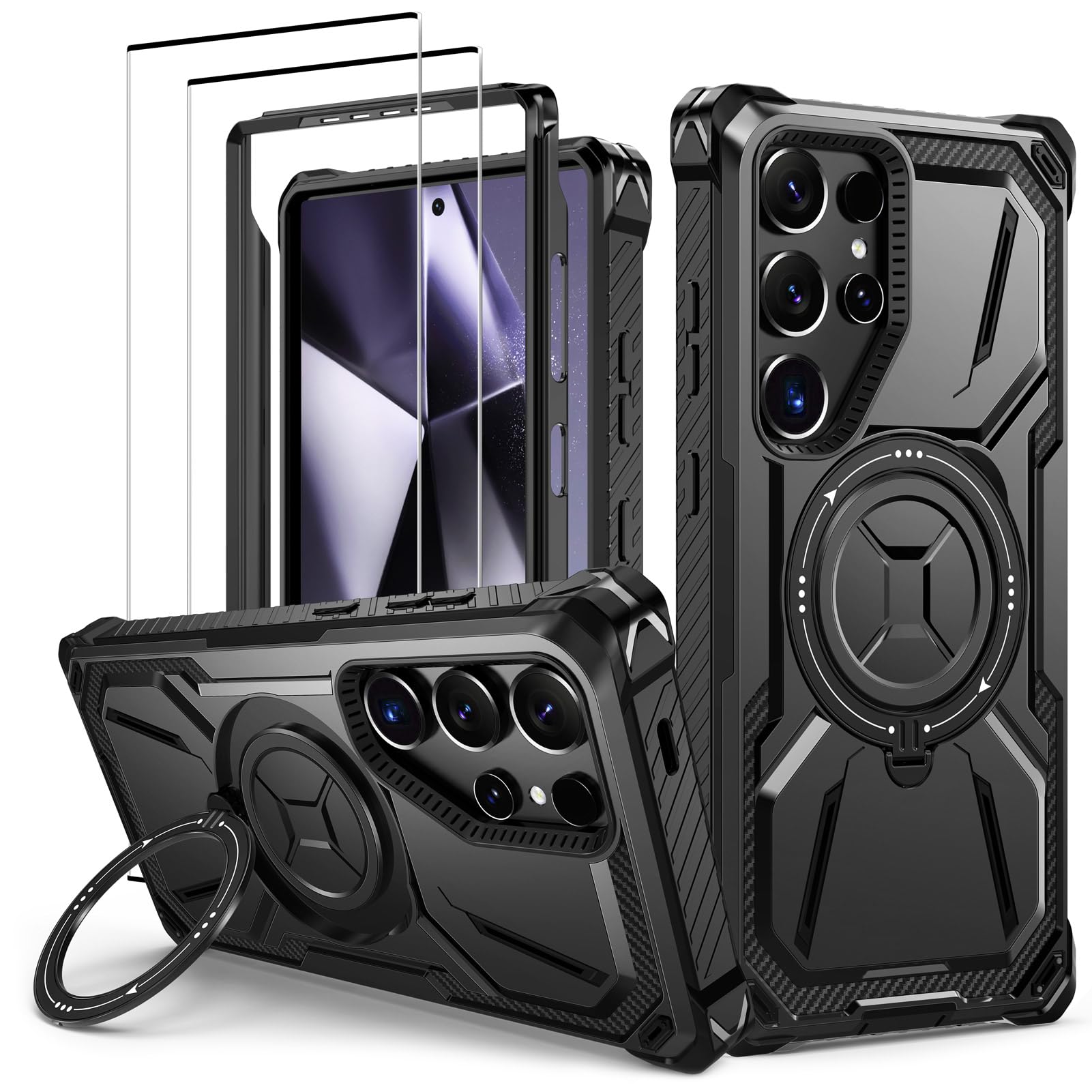 Lanhiem Cover per Samsung S24 Ultra 5G, Magnetica con Anello, 14FT Antiurto Militare Indistruttibile, Protezione Completa del Corpo a 360°con 2 Vetro Temperato, Custodia per Galaxy S24 Ultra, Nero