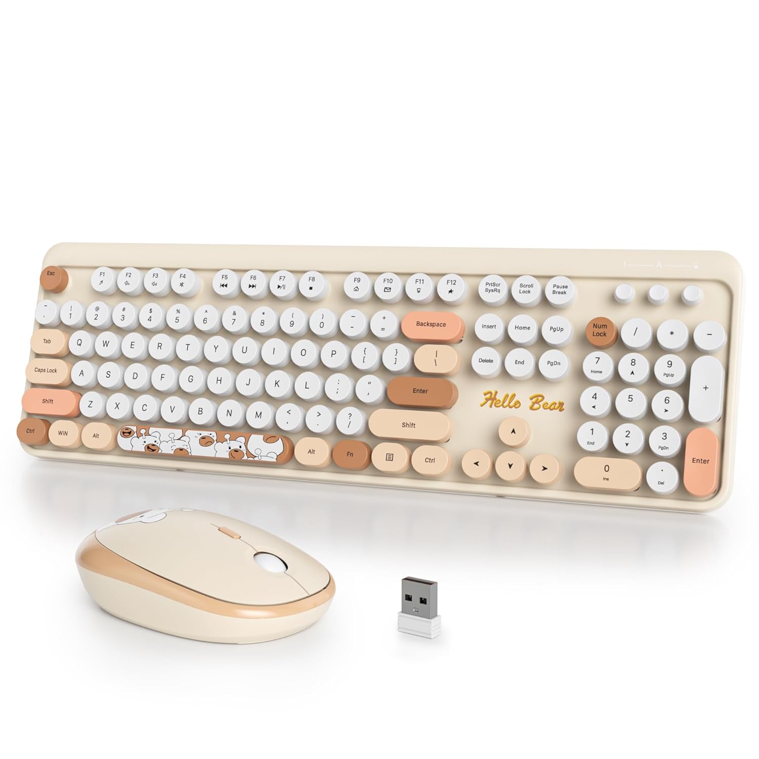 Typewriter Wireless Keyboard and Mouse Combo,2.4G Office 104 Keys Full Size Retro Punk Keyboard,Cute Beige Keyboard with Round Keycaps for Laptop PC Desktops(Bear Beige)
