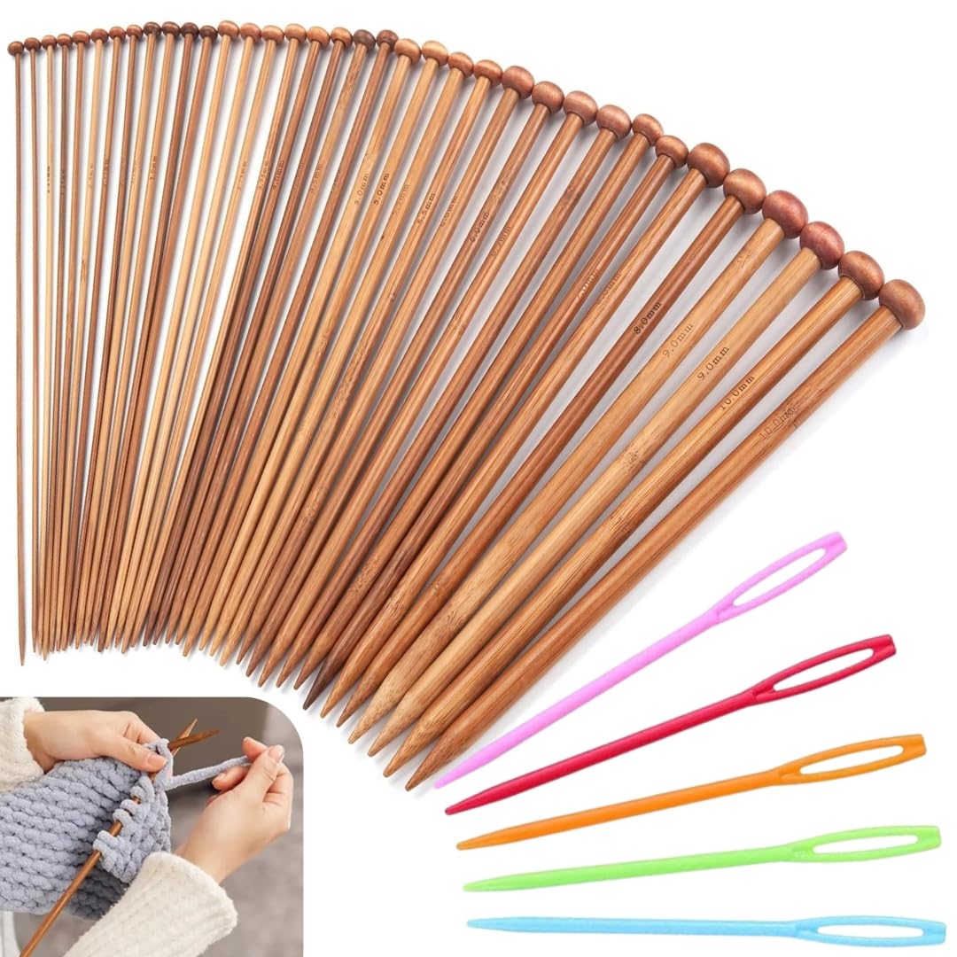 Artonezt Light Weight Bamboo Knitting Needles Set for Beginners, 18 Pairs (Size 2.0-10.0mm) 13.5 Inch Long Single Point Knob Straight Wood Knit Pins with Wool Needles for Sweaters, Socks, Shawl and Scarf-image-20