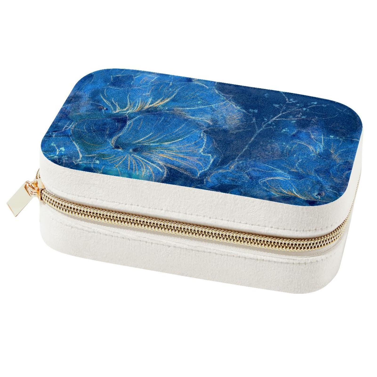 Boîte à bijoux portable aux finitions soignées et motif de fleurs bleues délicates