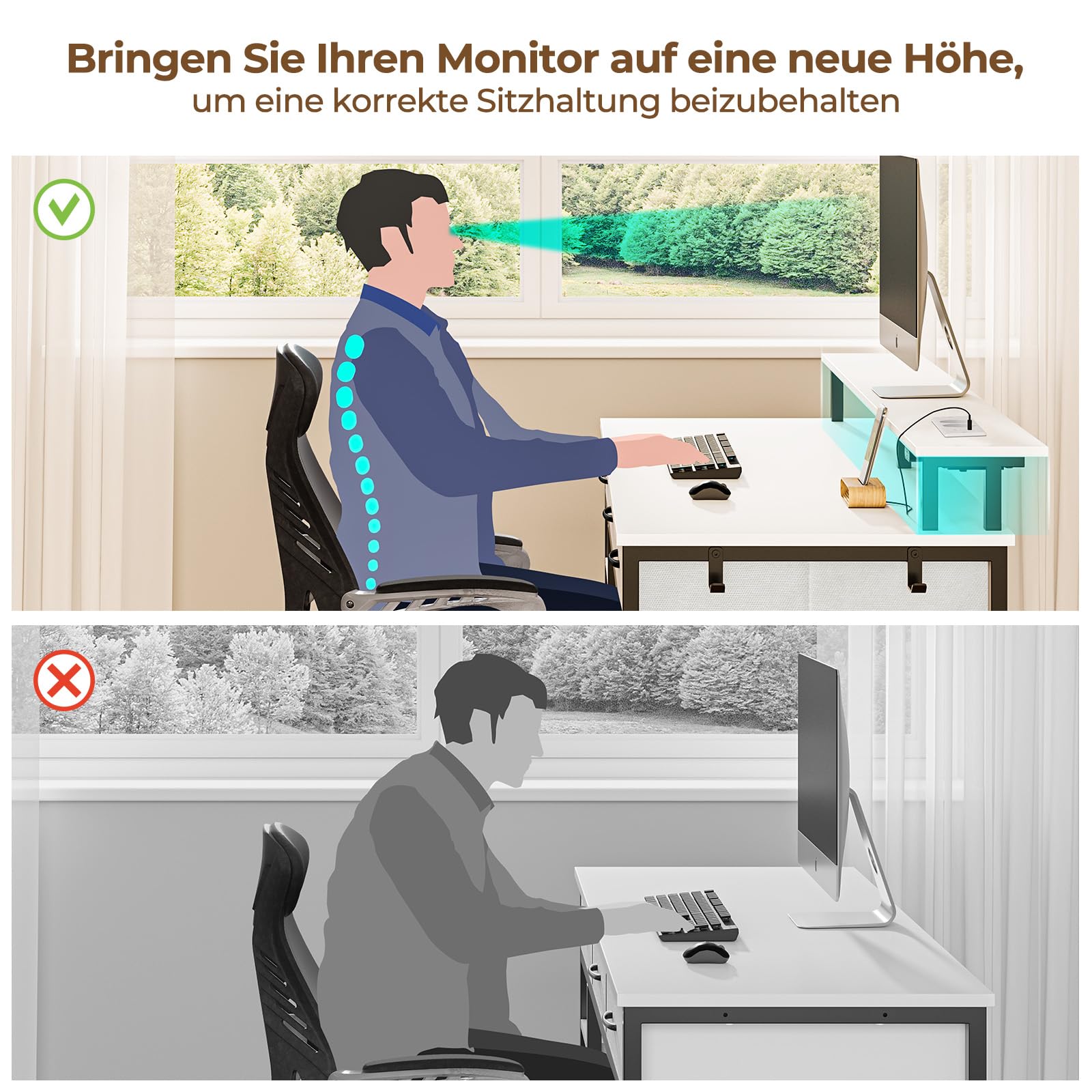 Rolanstar Schreibtisch mit Schubladen, Computertisch mit Steckdosen & LED, Gaming Tisch mit Monitorständer, Regal & 2 Haken, Gaming Schreibtisch für Büro, Wohnzimmer(Weiß, 137x47x90,5cm)