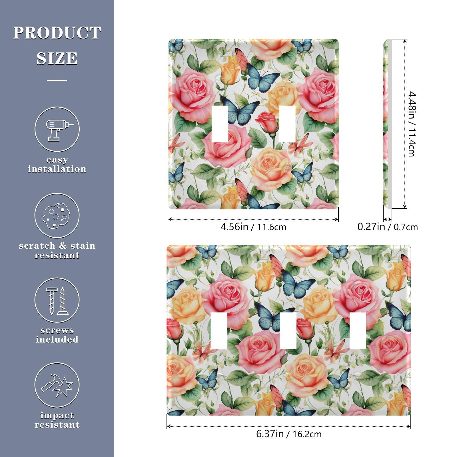 Light Switch Cover Butterfly Rose Floewr Spring Wall Plates for Electrical Outlets 3 Gang 202b3374