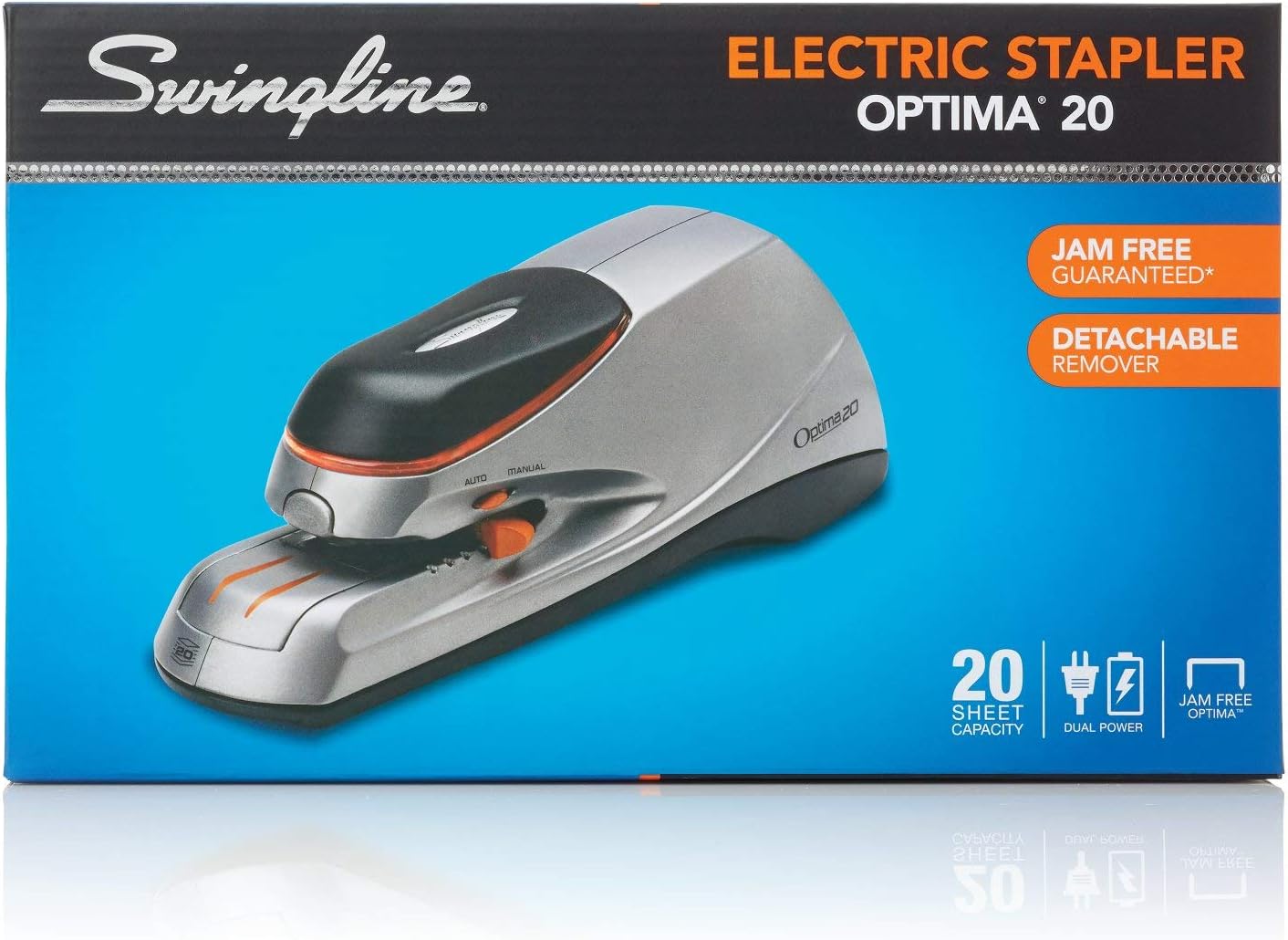 Swingline Optima 20 Electric Stapler, 20 Sheet Capacity, Quick Reloading, Jam Free, Orange/Gray (48208)
