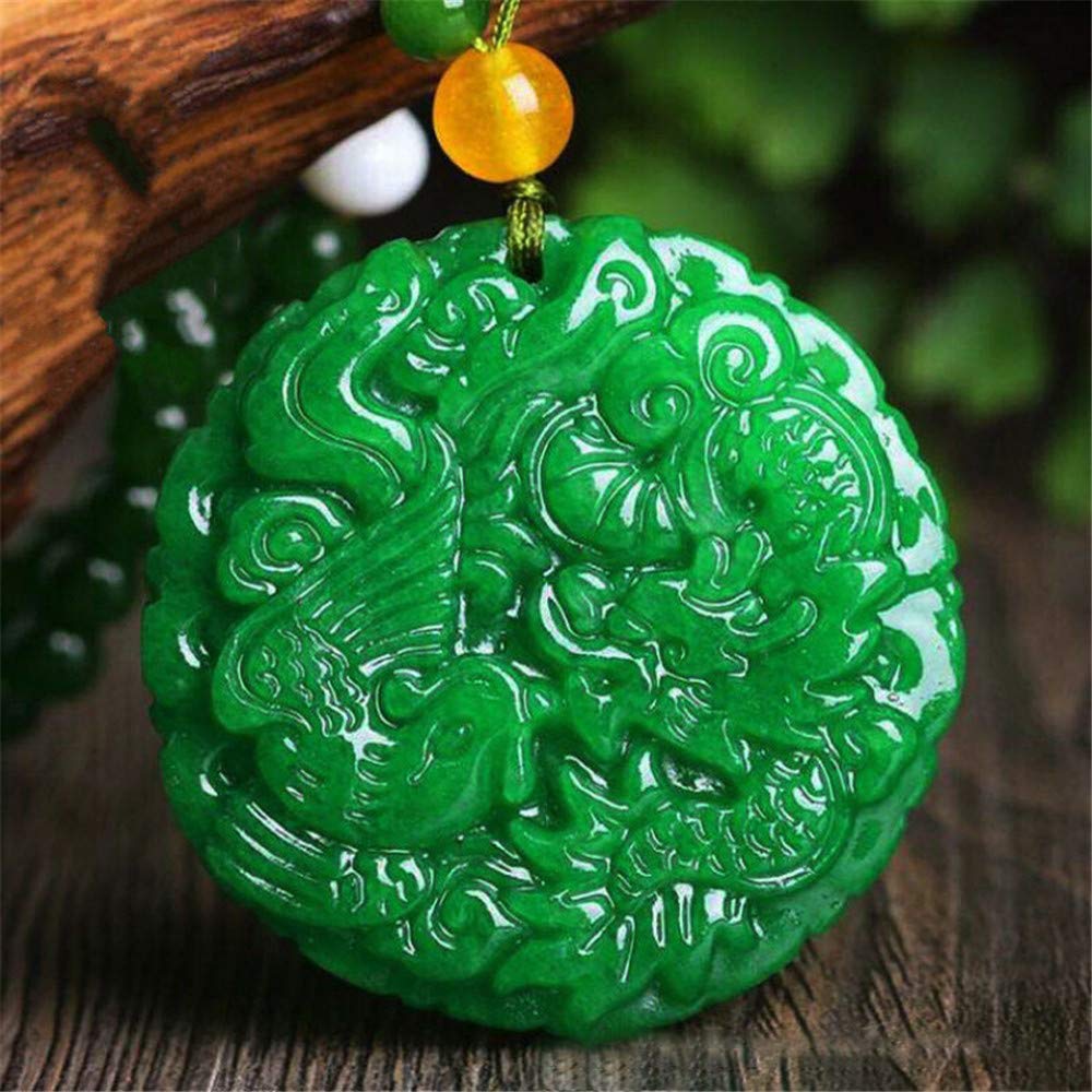 EASTCODE Natural Myanmar Jadeite Full Green Dragon & Phoenix Jade Pendant Genuine Iron Dragon Emerald Auspicious Pendant Lovers Necklace
