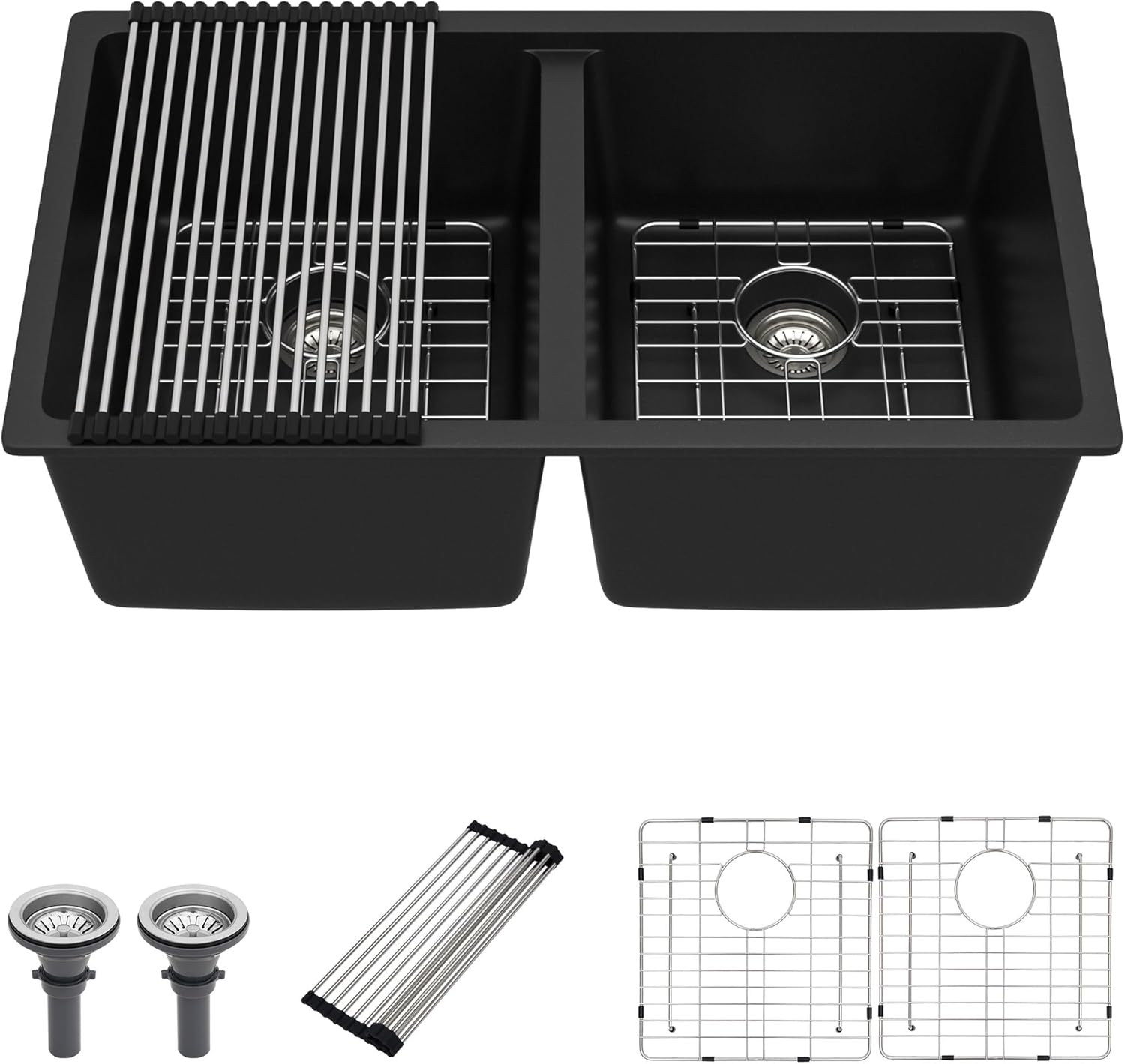 33 Inch Undermount White Granite Composite Kitchen Sink Under Counter Quartz Double Bowl Sinks with Accessories Quick Drain Noise Reduction Home Renovation Classic Style