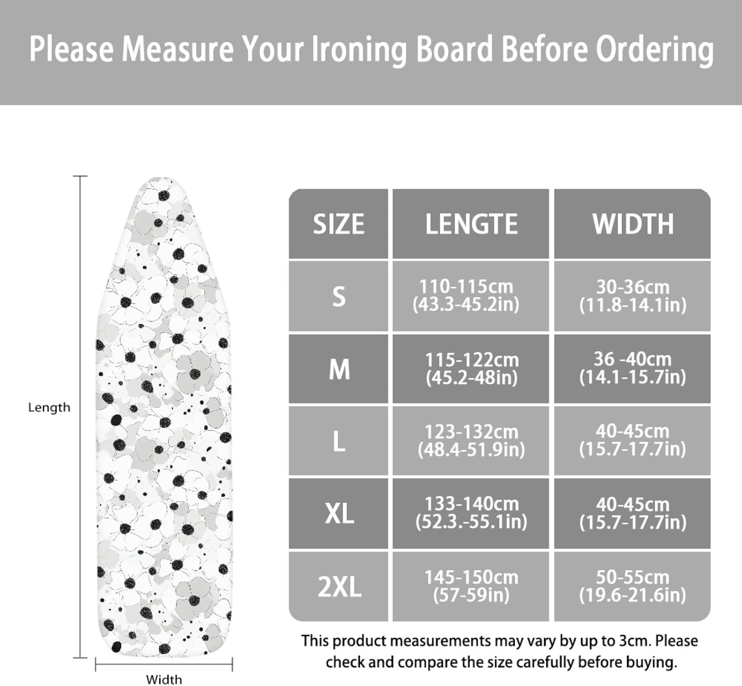Iron Board Cover with Padding Standard Size Gray Floral Black Padded Ironing Board Covers 15x54 Heat Reflective Extra Thick Wide Non Stick Scorch and Stain Resistant Heatproof