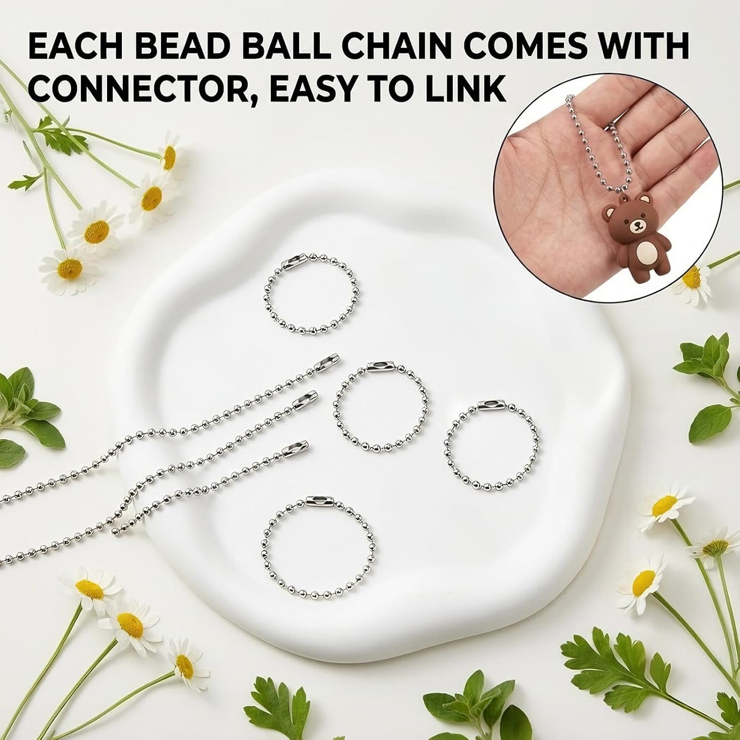 500Pcs Long Bead Ball Chain Connectors Kit, 2.4mm Bead Chain Clasp