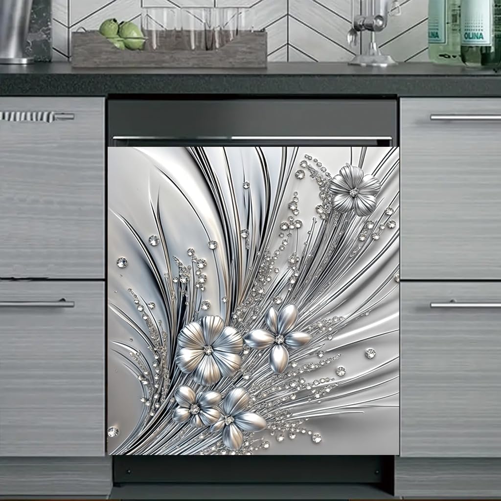 2D Flat Silver Floral Crystal Dishwasher Magnet Cover 23x26 Inch Panel Decal Fridge Washer Refrigerator Door Cover Kitchen Appliance Magnet Decorative Elegant Home Decor image 4