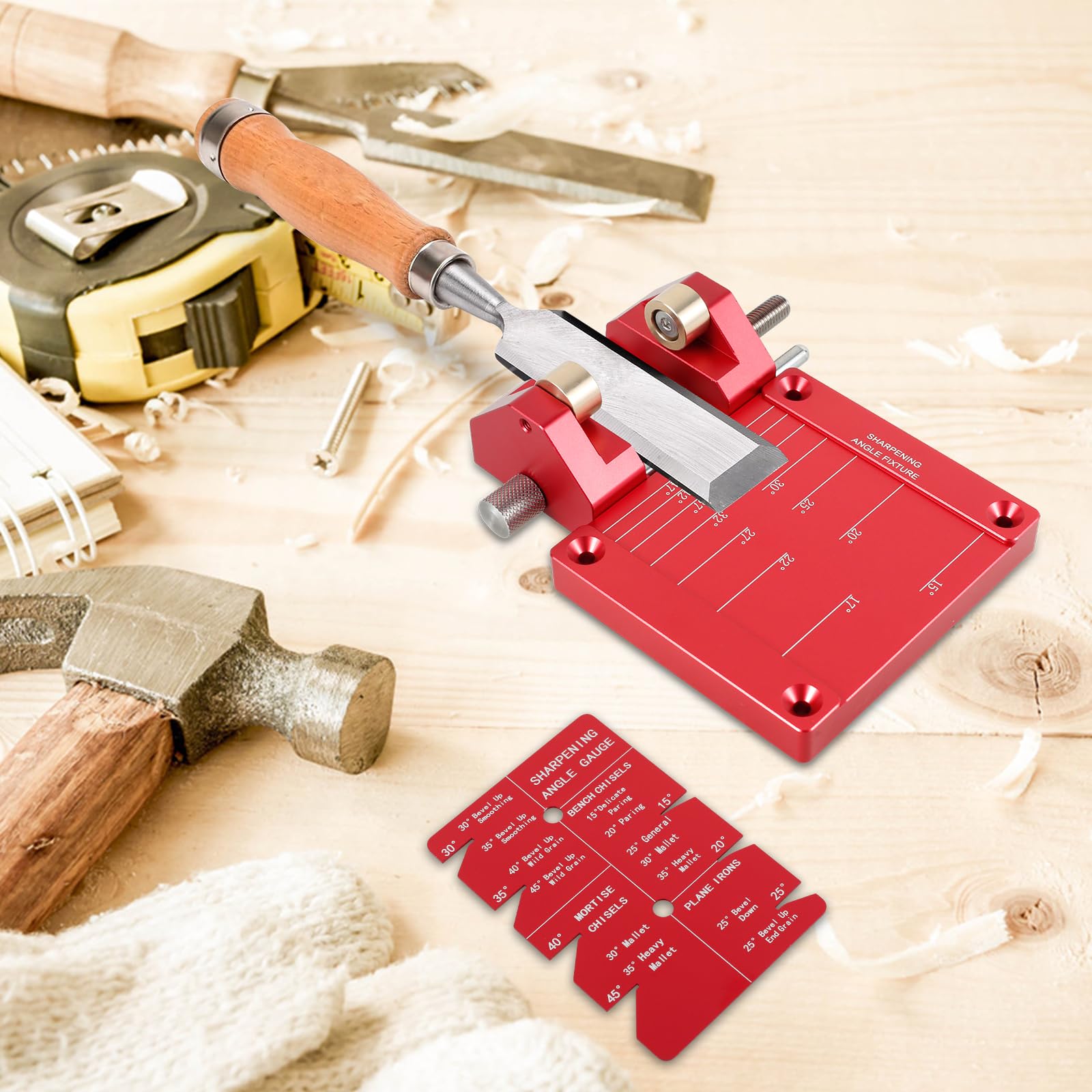 Système de guide d'affûtage réglable avec fixation d'angle d'affûtage et jauge d'angle, kit d'affûtage pour le travail du bois, ciseaux et rabots de 5/32 à 7,6 cm (rouge)
