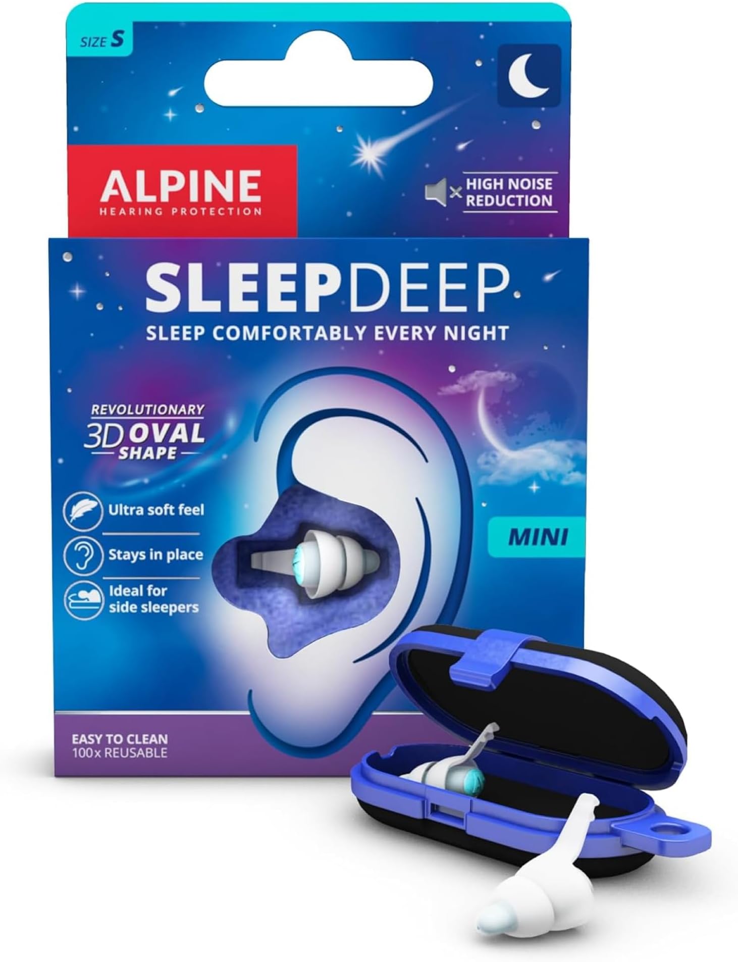Alpine SleepDeep Mini - Soft Ear Plugs for Sleeping and Concentration - New 3D Oval Shape and Noise Reducing Gel for Better Attenuation - 27dB - Ideal for Side Sleeper - 1-Pair Reusable: S