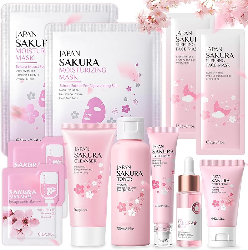 Sakura Ensemble de Soins de la Peau 11 Pièces, avec Crème Nettoyante, Toner, Sérum, Kit de Soins de La Peau Hydratants, Coffret Cadeau de Soins de la Peau pour Adolescentes et Femmes