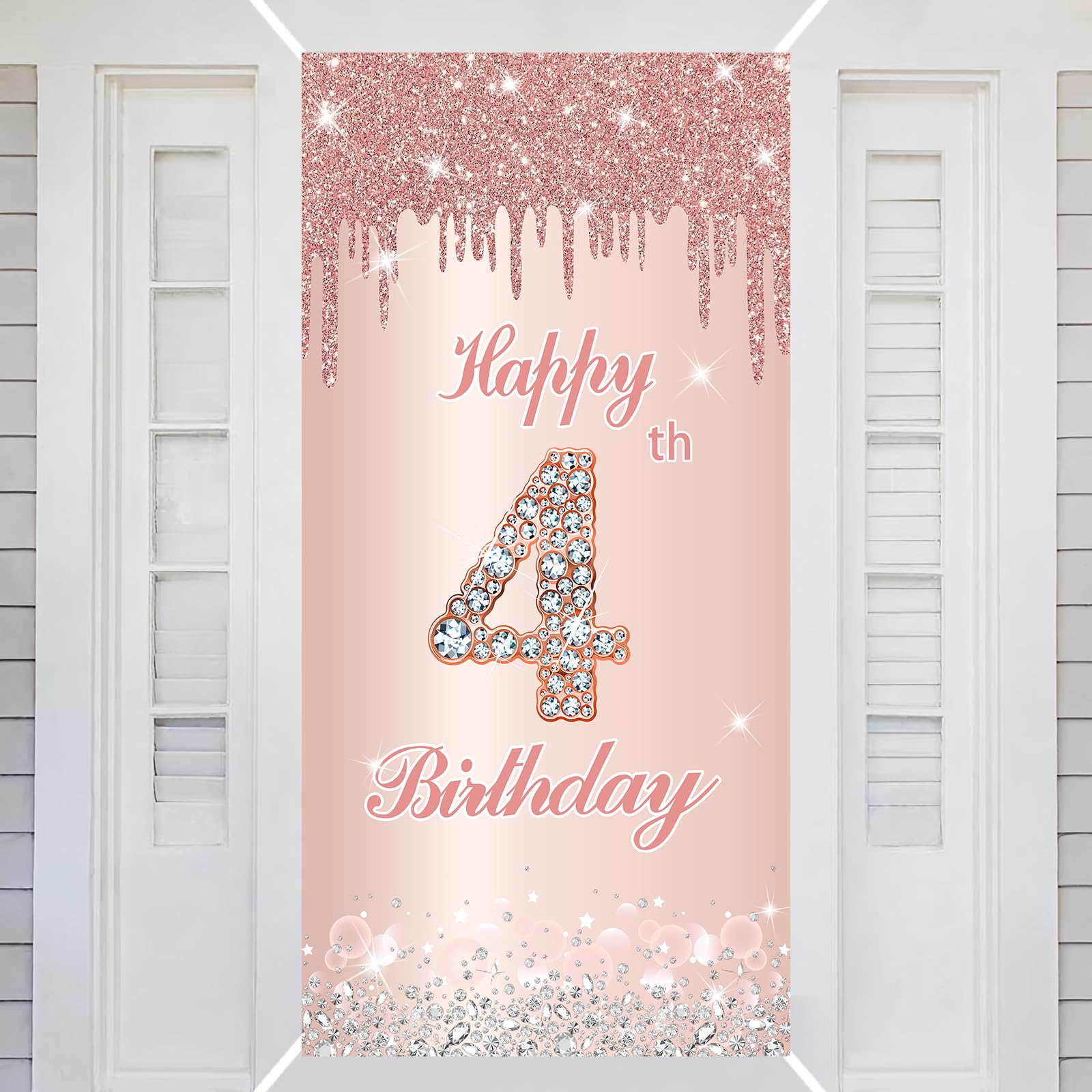 4th Happy Birthday Decorations Door Banner Pink Rose Birthday Banner for Party Backdrop for Women Door Cover Party Decoration Supplies Poster — image 1