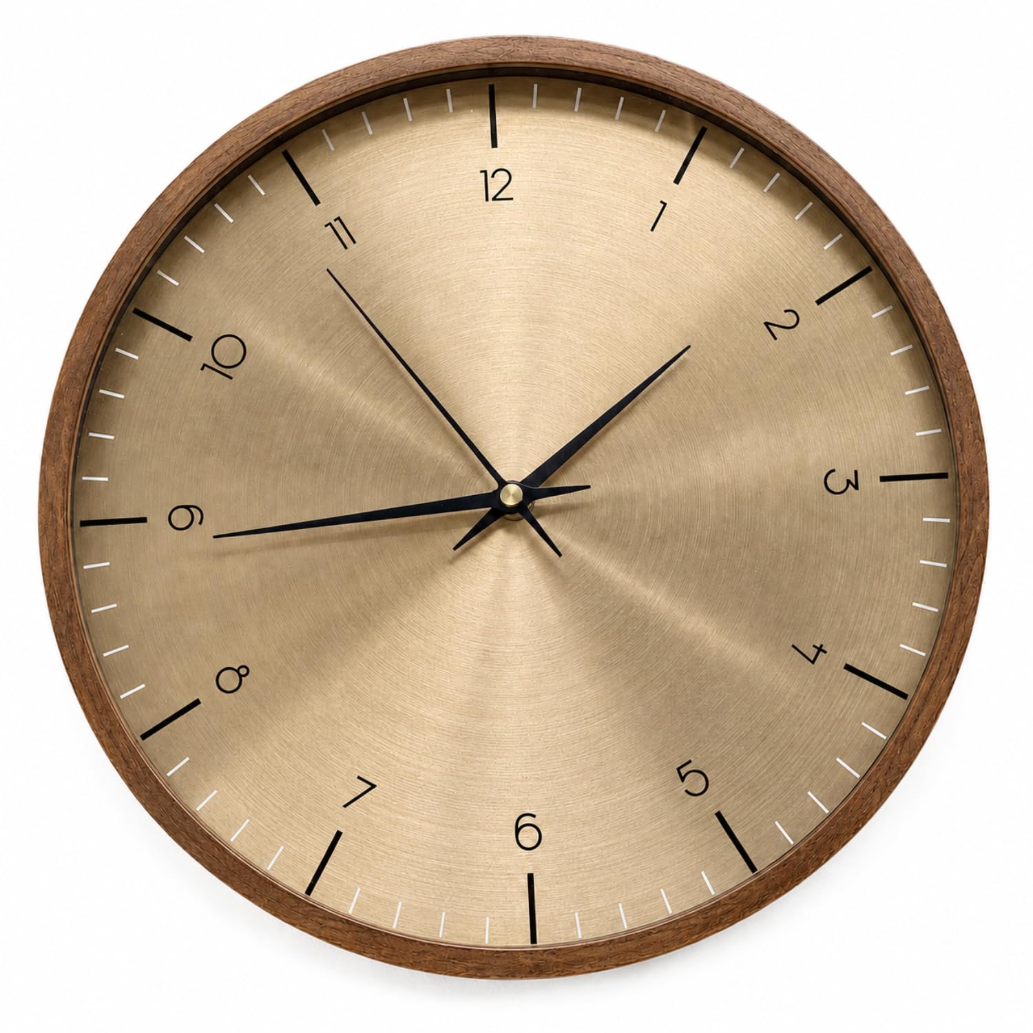 star work 12" inch modern wall clock with walnut brown frame & brushed gold dial – silent non-ticking quartz movement – minimalist decorative clock for living room, bedroom & office (rich gold)