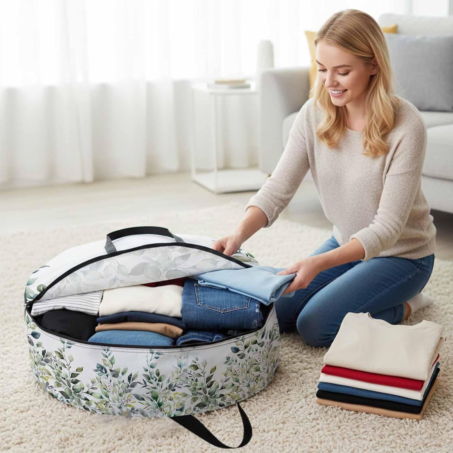 Pastoral Floral Plant Round Storage Bag 36 Inch, Sage Green Eucalyptus Leaves White Clothes Storage Container with Handles Heavy Duty Organizer for Comforter, Bedding & Holiday Wreaths