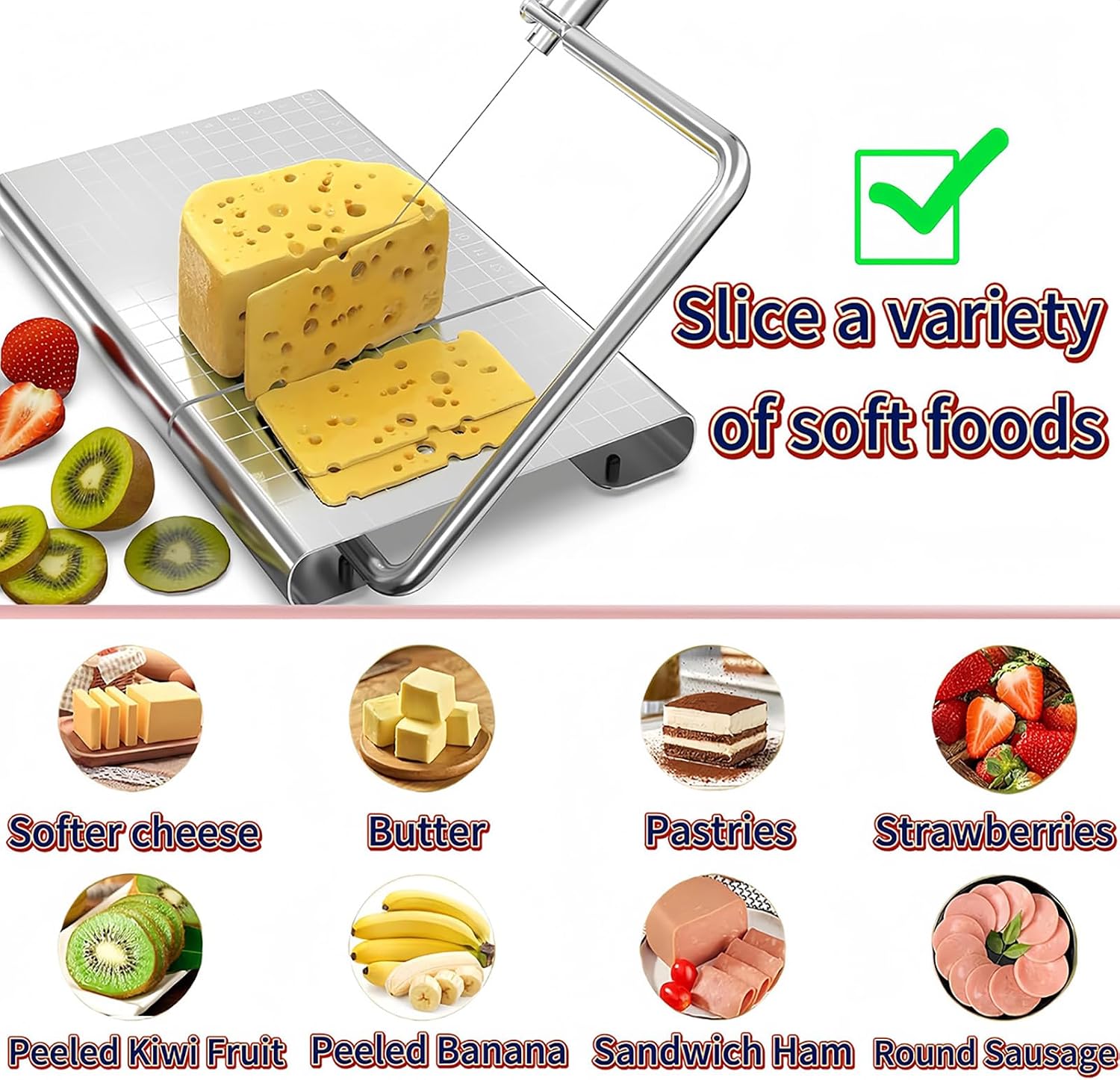 Stainless Steel Cheese Slicer with Adjustable Thickness Scale, Wire Cutter for Block Cheese, Butter, Sausage, Onion, for Cheese Boards and Home Kitchen Use