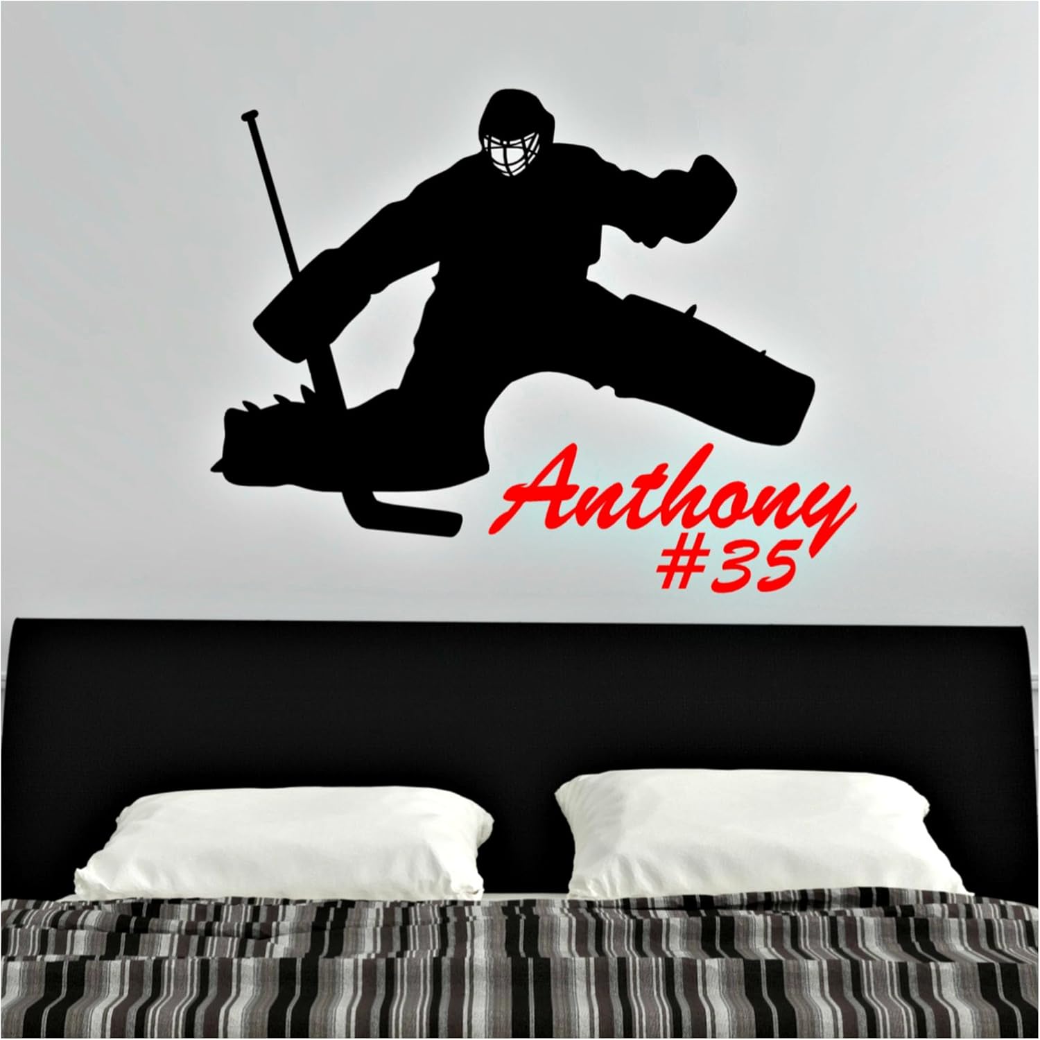 Personalized Hockey Goalie Wall Decal, Ice Hockey Decor, Custom Vinyl Silhouette with Name, Choose from 30 Colors and Several Sizes