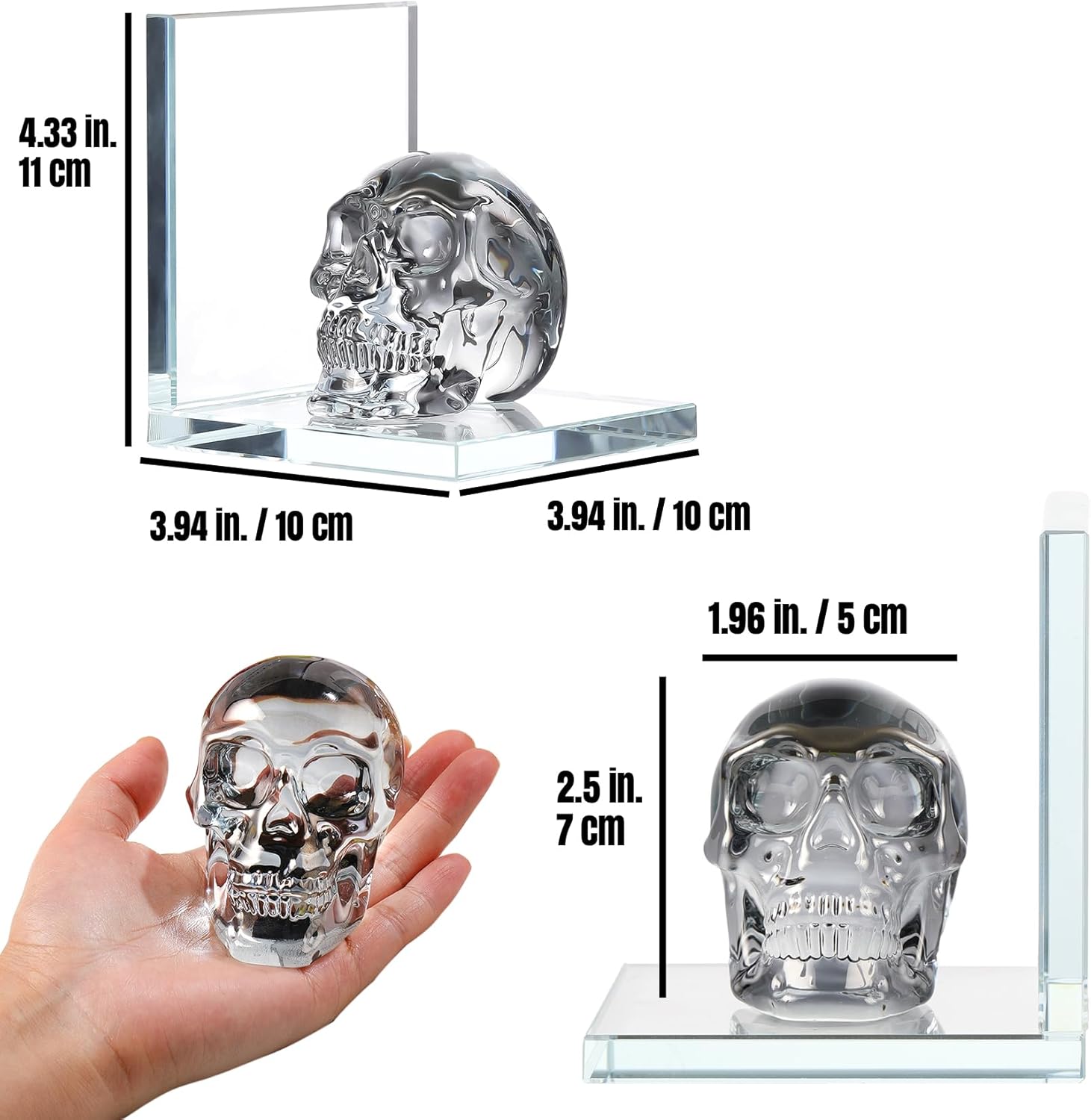 1 Pair Glass Book Ends with Black Crystal Skull L Shape Non-Skid Decorative Bookends Bookshelf Apartment for Normal Bookshelves Living Room Office Home Decor