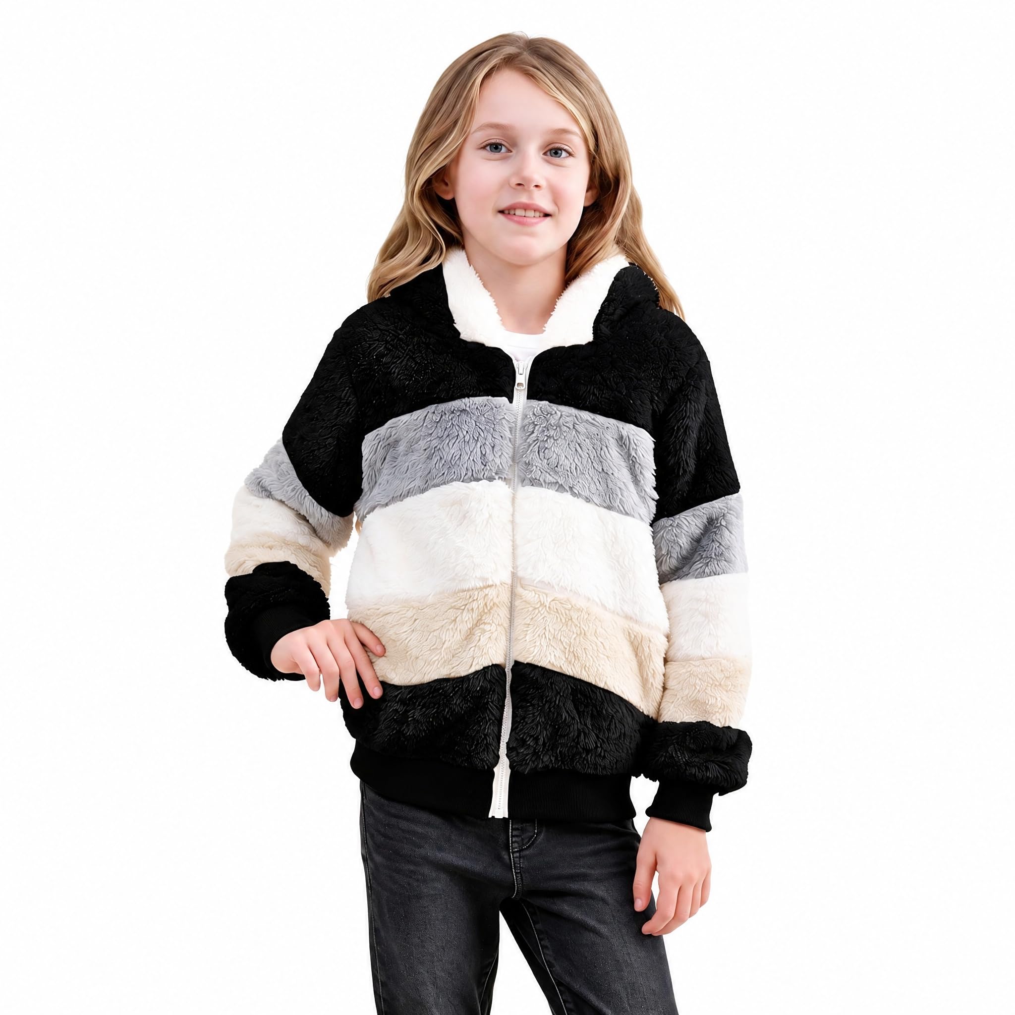Girls Fleece Jackets Kids Sherpa Fuzzy Fall Zip Up Hoodie Winter Contrast color Pullover Coat 4-12 Years