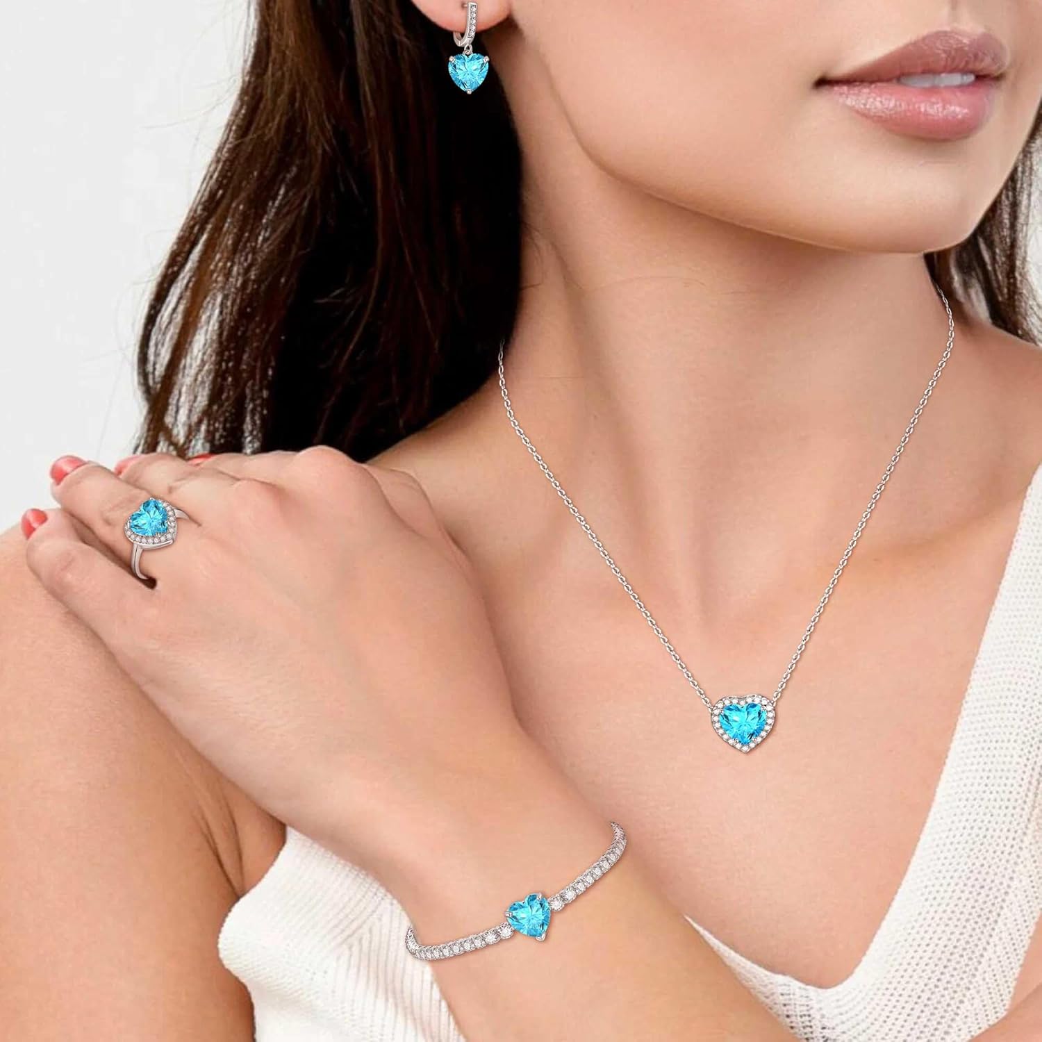 Crysdue 3/4 Pcs Heart Jewelry Set for Women, Cubic Zirconia Pendant Necklace Hoop Earrings Open Ring Charm Tennis Bracelet Set for Prom Party, Birthday Valentines Mothers Day Christmas Jewelry Gift