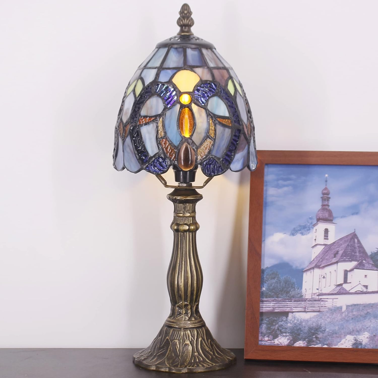 Small Tiffany Lamp Mini Accent Table Lamp Blue Cloudy Liaison Style Stained Glass Desk Memory Lamp Sympathy 6X14.6 Inch
