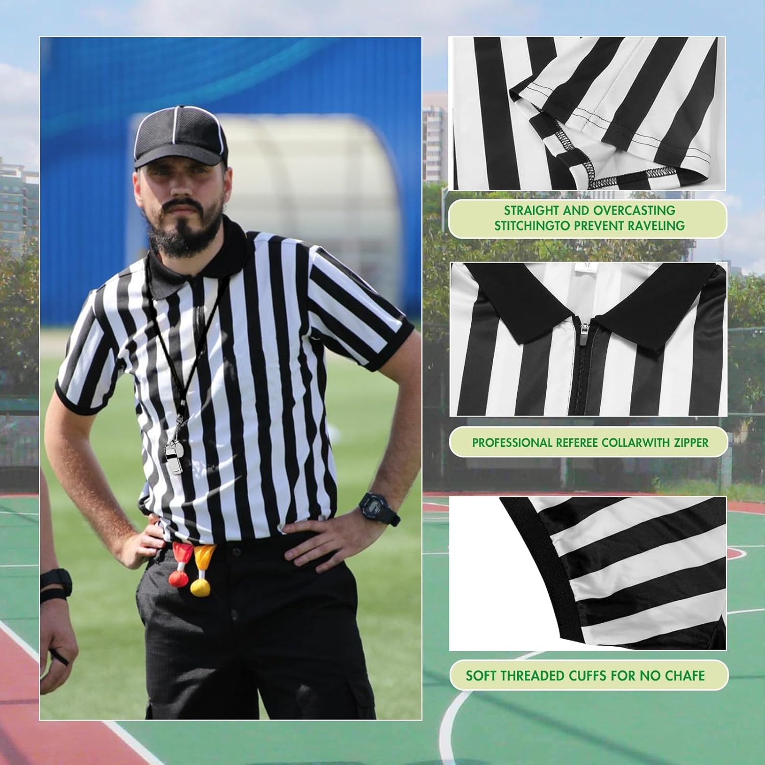 4 Pcs Men's Official Referee Costume Set Zipper Ref Shirt Stainless Whistle with Lanyard Red & Yellow Penalty Flag - Image 2