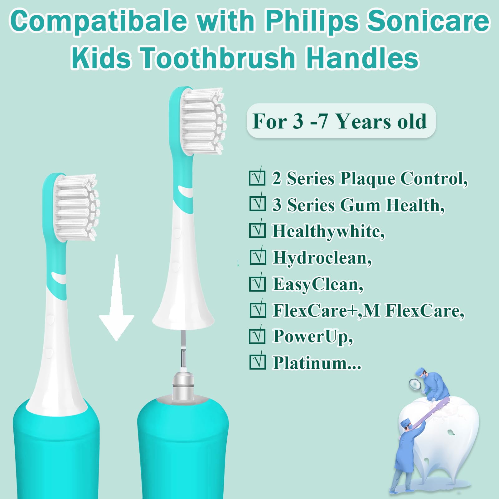 Paquete de 4 cabezales de cepillo de dientes de repuesto para niños compatibles con Philips Sonicare 6032/94 6321 6340 6042 6320 6330, rosa y verde