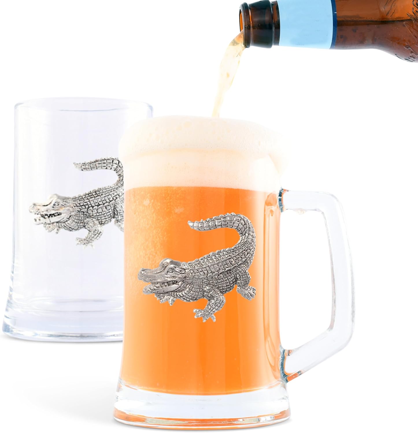 Arthur Court Alligator Beer Mugs Set of 2 16oz Aluminum and Glass Gator Drinkware