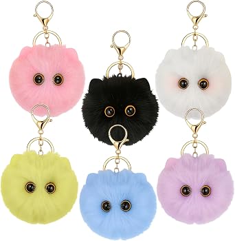6 Pcs Cat Plush Keychain, Fluffy Pom Pom Bag Charms for Backpacks, Cute Stuffed Animal Keyrings, Car Key Accessories & Gifts for Cat Lovers Women