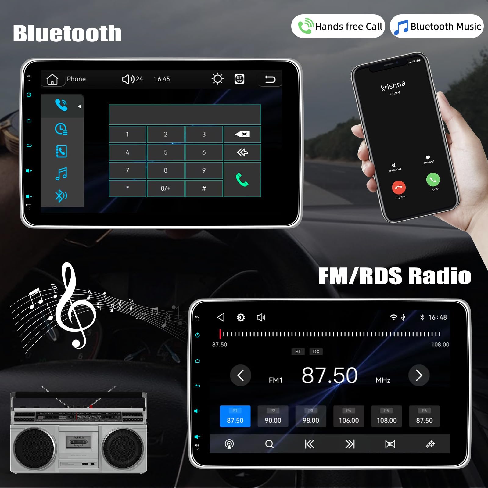 CAMECHO [CARPALY] 1 DIN YouTube Autoradio da 10'' con Schermo Rimovibile e Regolabile, WIRELESS Car Play MP5 per auto con Android Auto Bluetooth FM/RDS EQ Mirror Link +Telecamera