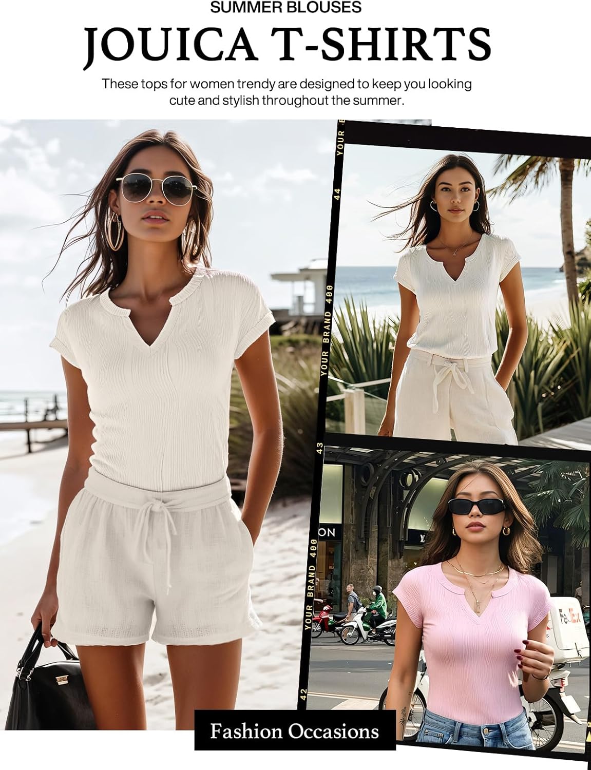 Jouica Women's Short Sleeve Dressy Tops V-Neck Textured Tops Cute Summer Tops 2025 Basic T-Shirts Work Blouses - Image 2