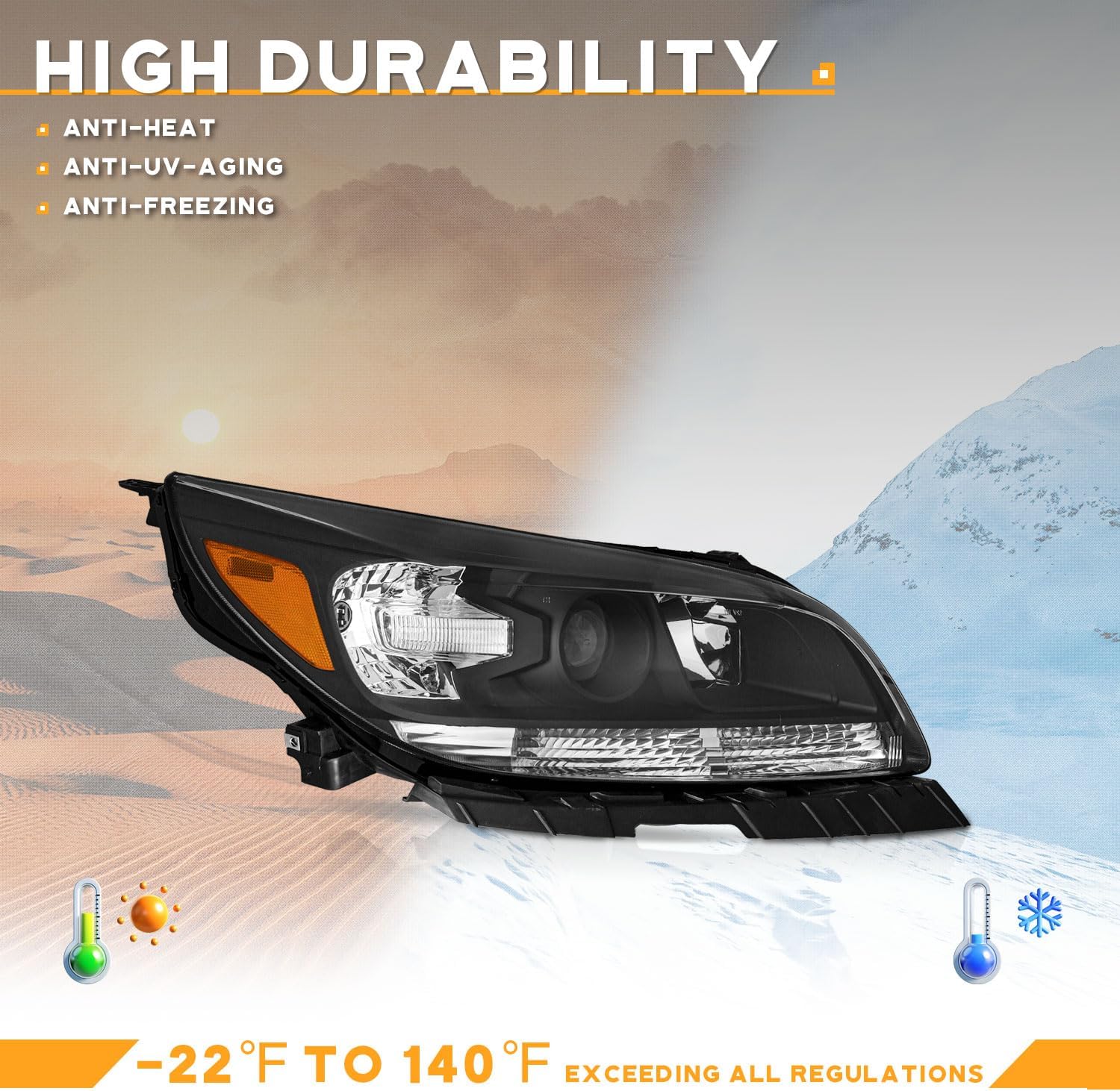 WEELMOTO Headlights with 2013-2014 Malibu Eco Headlights, 2013-2015 Chevy Malibu (LT, LTZ) Replacement Assemblies, Black Housing Amber Reflector L+R