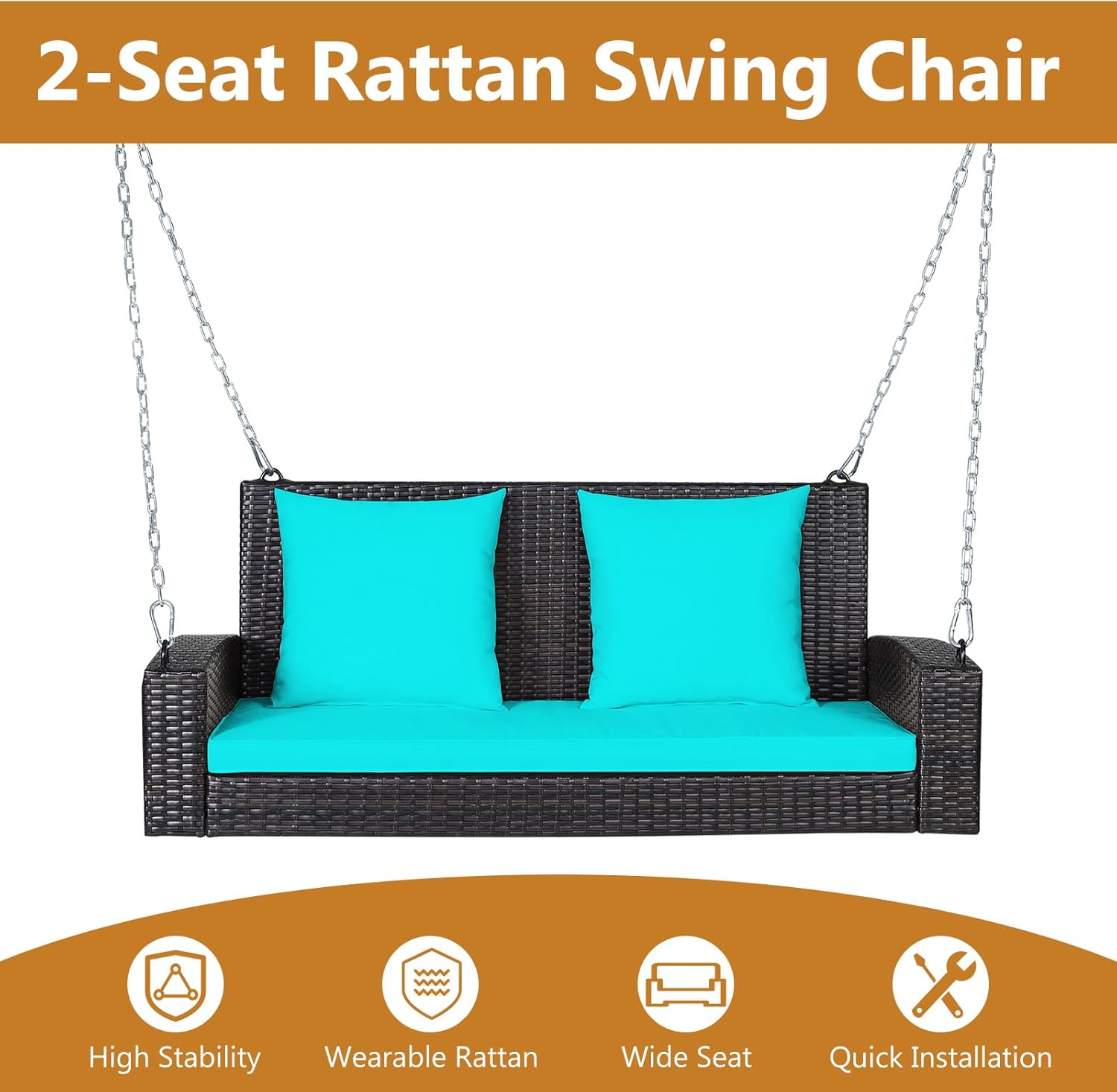 DORTALA Hanging Porch Swing, 2-Person Outdoor Wicker Swing Chair Bench with Cushions, 7.9Ft Steel Chains for Garden, Backyard, Deck & Poolside, Turquoise