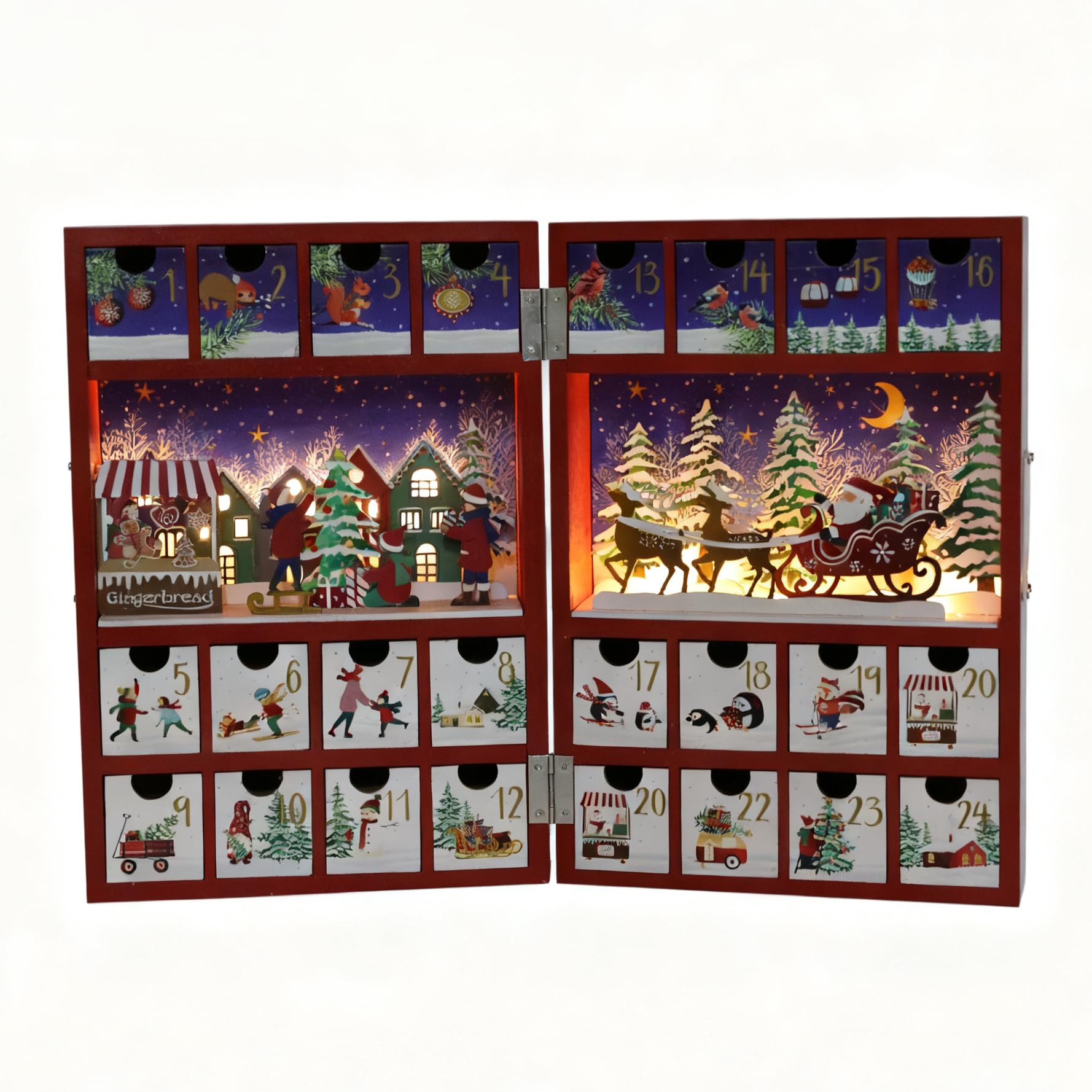PE Adventskalender Holz befüllbar, LED Weihnachtskalender, 24 Schubladen | Weihnachtskalender, 2 LED-3D-Szenen, Winterdorf und Rentierschlitten, wiederverwendbar, Tischdeko, Batterien nicht enthalten