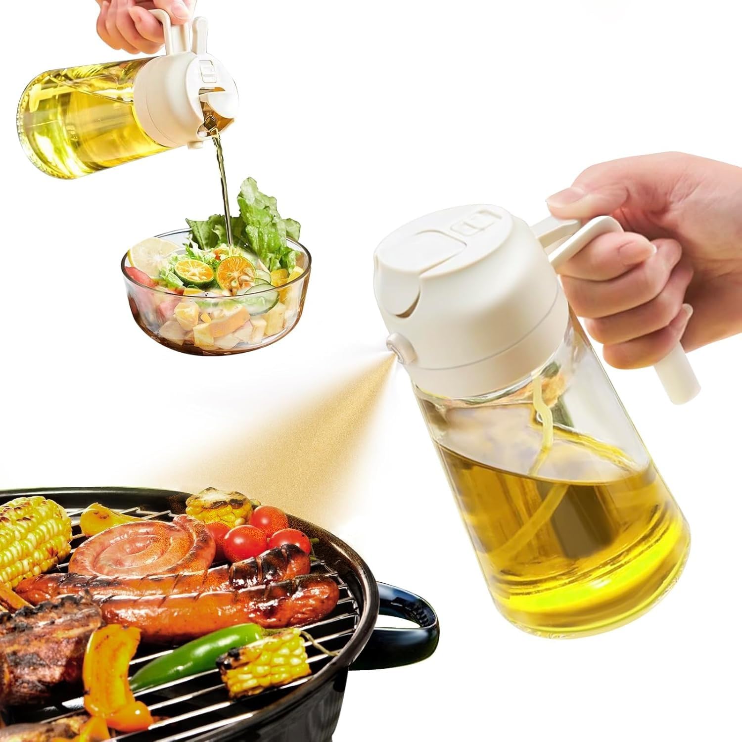 Dispensador de aceite en aerosol 2 en 1 para cocinar, dispensador de aceite de oliva, botella de aerosol de aceite de vidrio de 470 ml/16 oz con vertedor, dispensador de aceite de grado alimenticio y