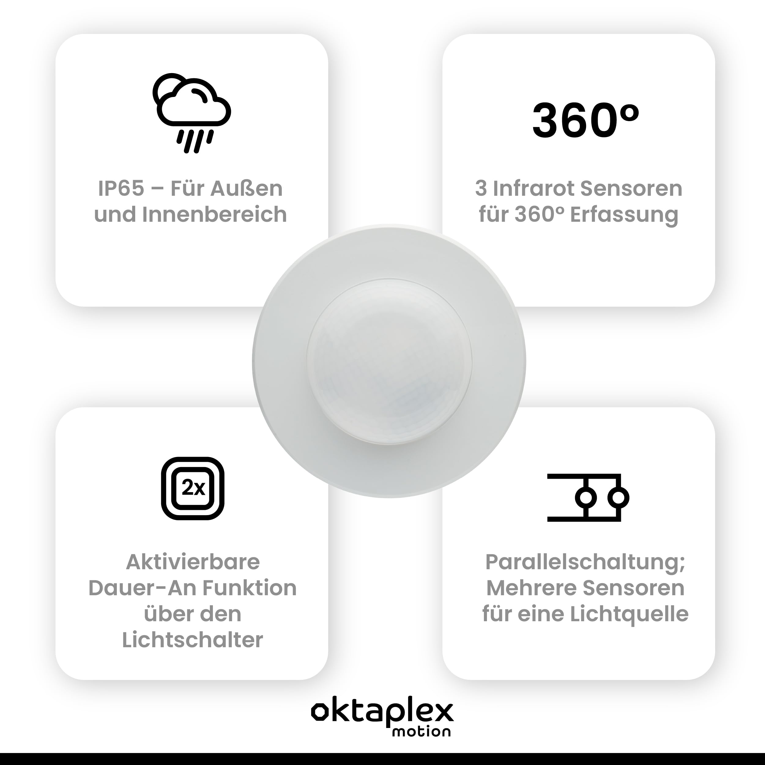 Oktaplex Set de 2 detectores de Presencia Pia para Exterior e Interior Detector de Movimiento por Infrarrojos 360° IP65 230V Interruptor de Presencia de Montaje en Superficie Blanco