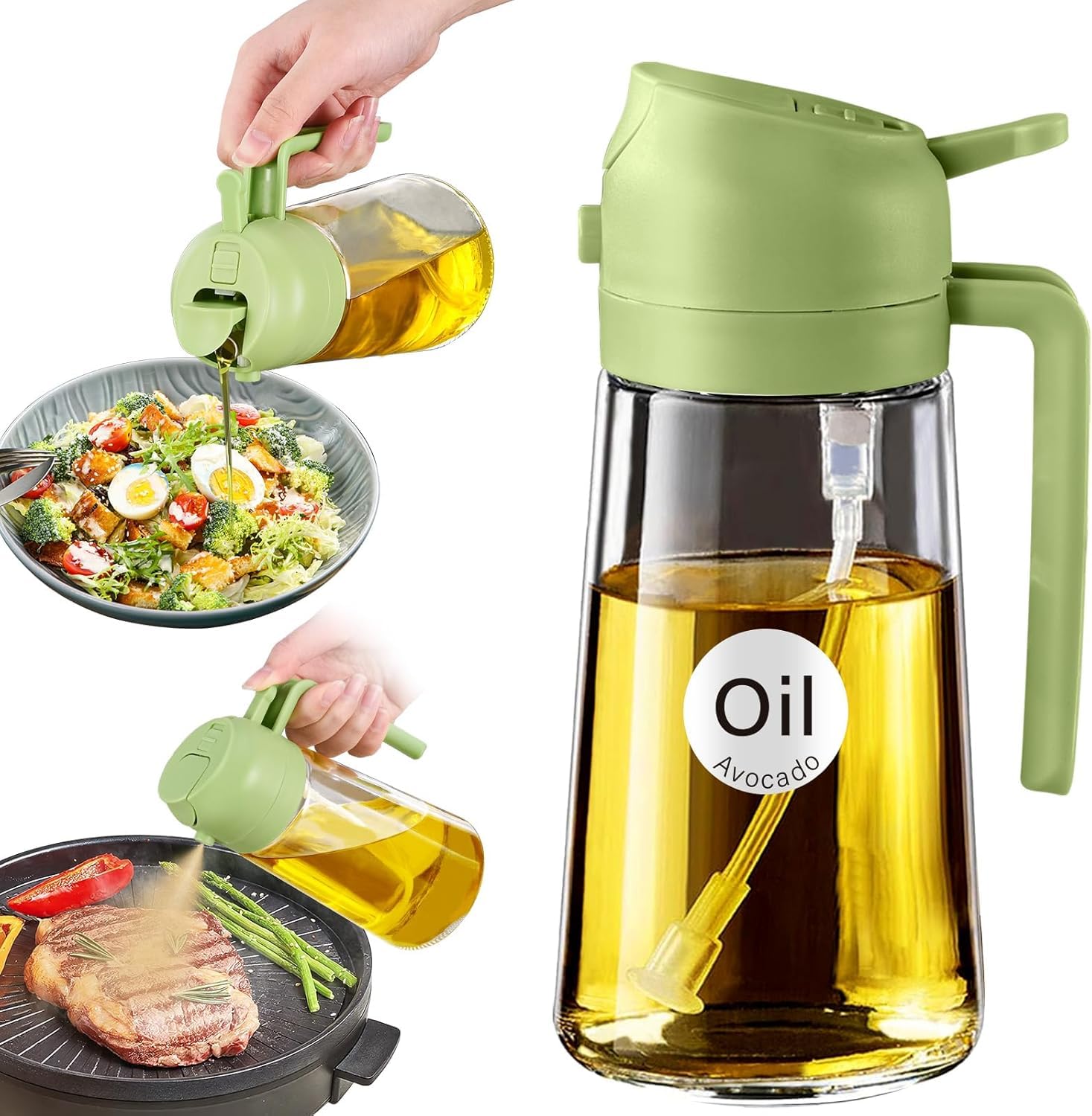 ALPHORA Glass Olive Oil Sprayer 16oz/470ml for Cooking with Stickers, 2 in 1 Oil Dispenser for Kitchen Gadgets, Food Grade Premium Spray Bottle with Portion Control for Salad, Frying, BBQ (Green)