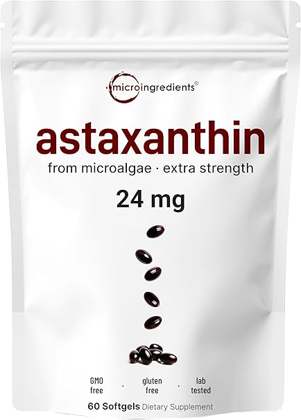 Micro Ingredients Astaxanthin 24mg, 60 Softgels, 2 Month Supply | Max Strength Astaxanthin Antioxidant Supplements | Fresh Microalgae Source | Supports Eye, Joint, Internal Circulation, Skin Health